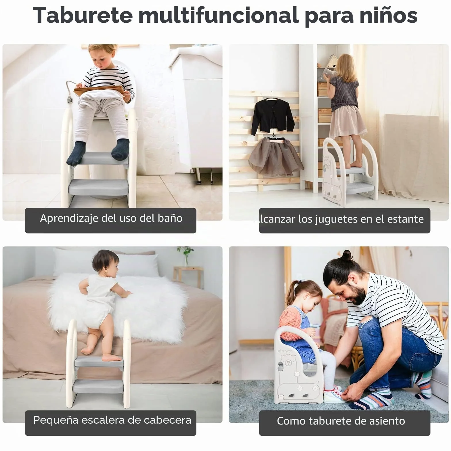 Onasti Taburete de 2 Pasos para Bebé y Niños Pequeños, Altura Ajustable, Antideslizante, Gris