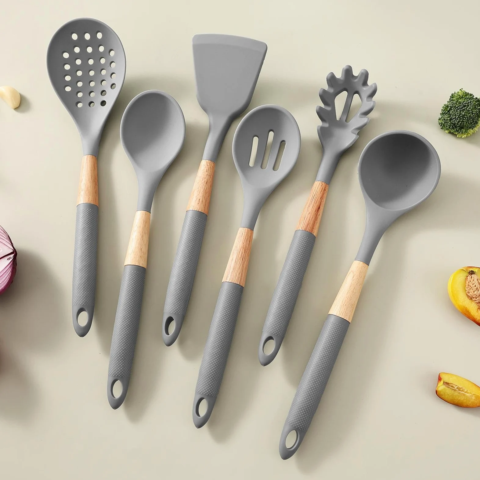 Juego de Utensilios de Silicone Juego de 7 Piezas Resistente al Calor | Cucharas de Cocina, Cucharón y Espátula Para Ollas, Sartenes, Raspar, Hornear, Mezclar, Preparar