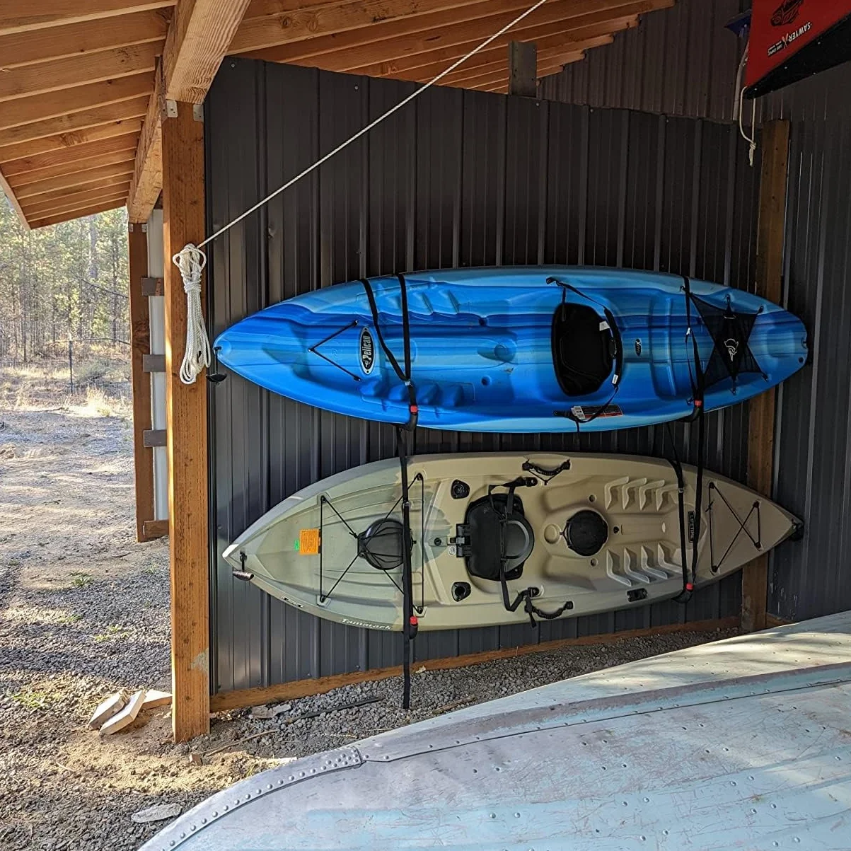 Soportes de almacenamiento para kayak de 39,5 cm, ganchos de pared para kayaks, SUP, tablas de surf, perchas resistentes con correas