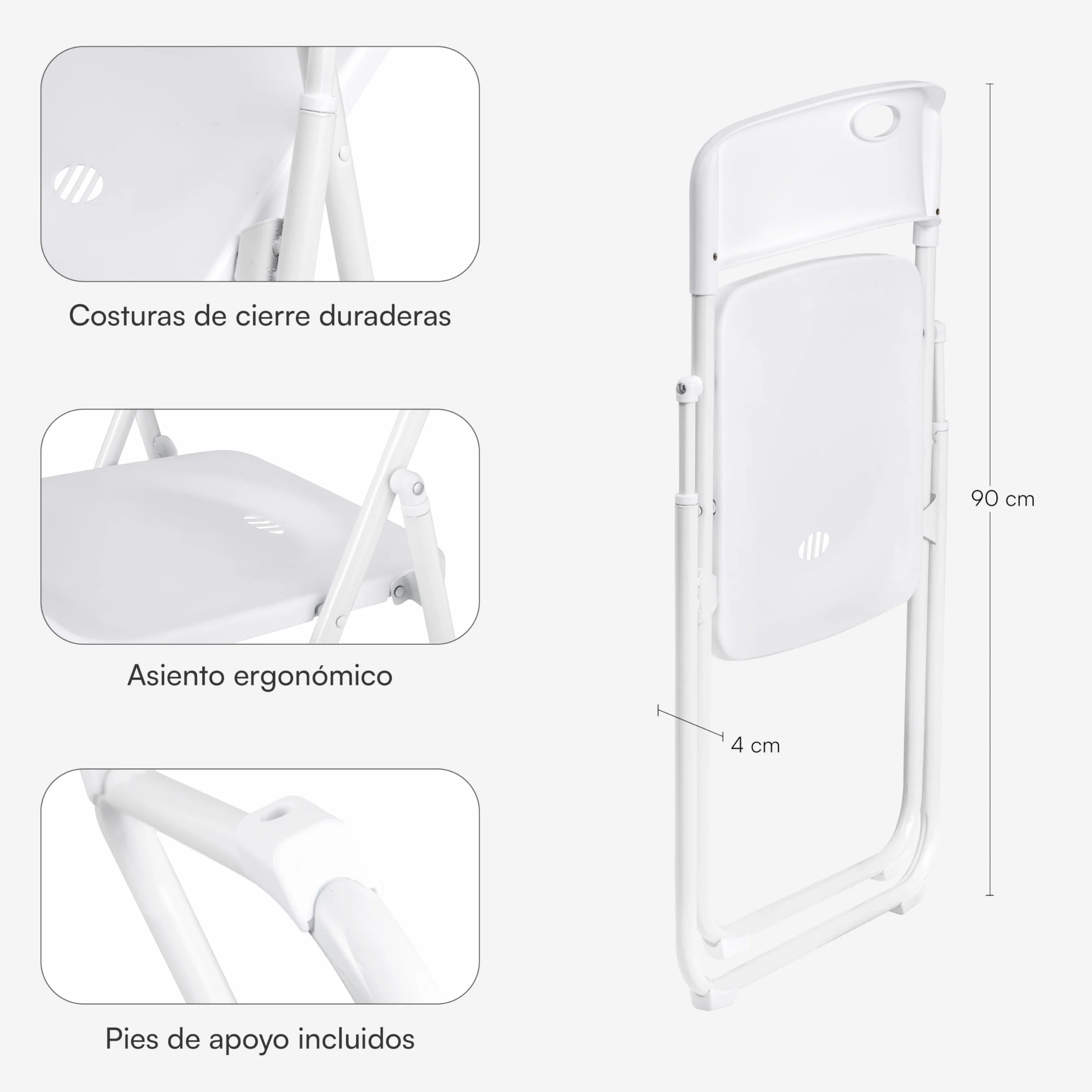 Baroni Home Silla Plegable con Estructura de Acero y PVC, Asiento Plegable Que Ahorra Espacio con Pies y Asa, para Viaje, Cocina, Salón, Dormitorio, 74x43x49 cm, 1 Unidad, Blanco