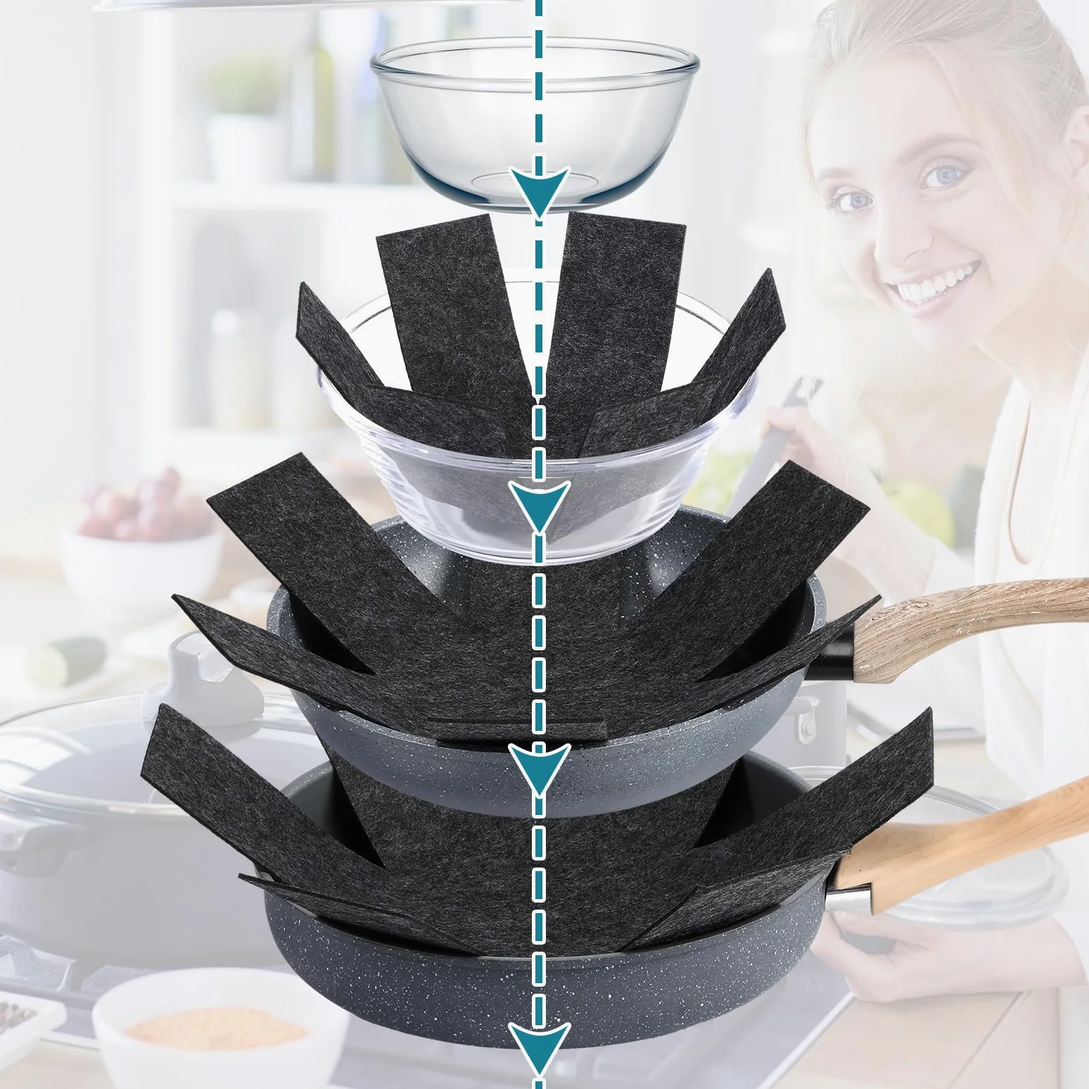 Queekay 60 protectores de ollas y sartenes, 6 tamaños diferentes, protectores de utensilios de cocina, separadores de ollas, almohadillas separadoras apilables para proteger y separar sartenes (negro)