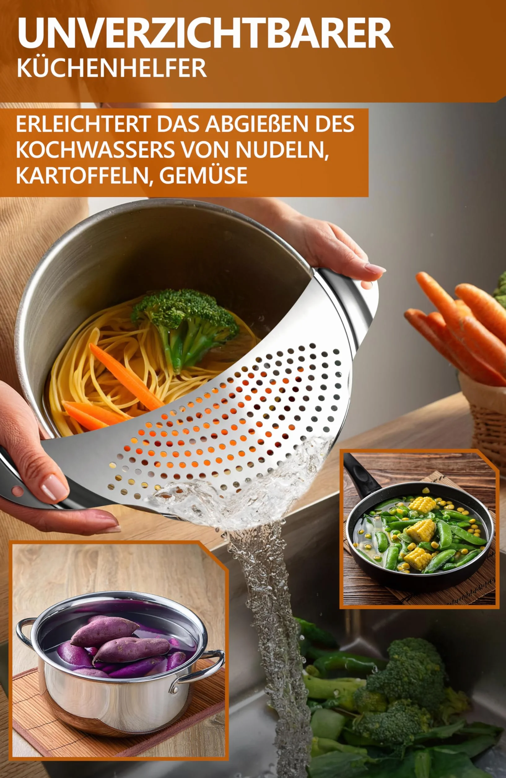 4smile Colador para Cocina – Utensilio de Acero Inoxidable para Verter Ollas de hasta 26 cm de Diámetro – Diseño Plano que Ahorra Espacio, Práctico para Pasta y Patatas