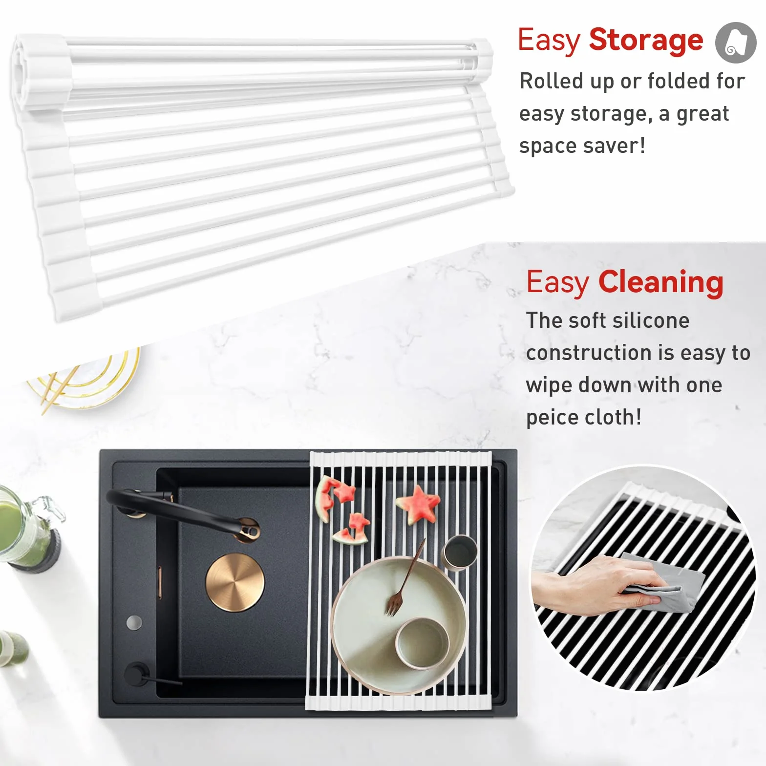 MERRYBOX Roll Up Over The Sink Dish Drying Rack Silicone Wrapped Foldable, Heat-Resistant, Anti-Slip Sink Rack Multipurpose Dish Drainer for Kitchen Sink Counter - White, 17.5" x 11"