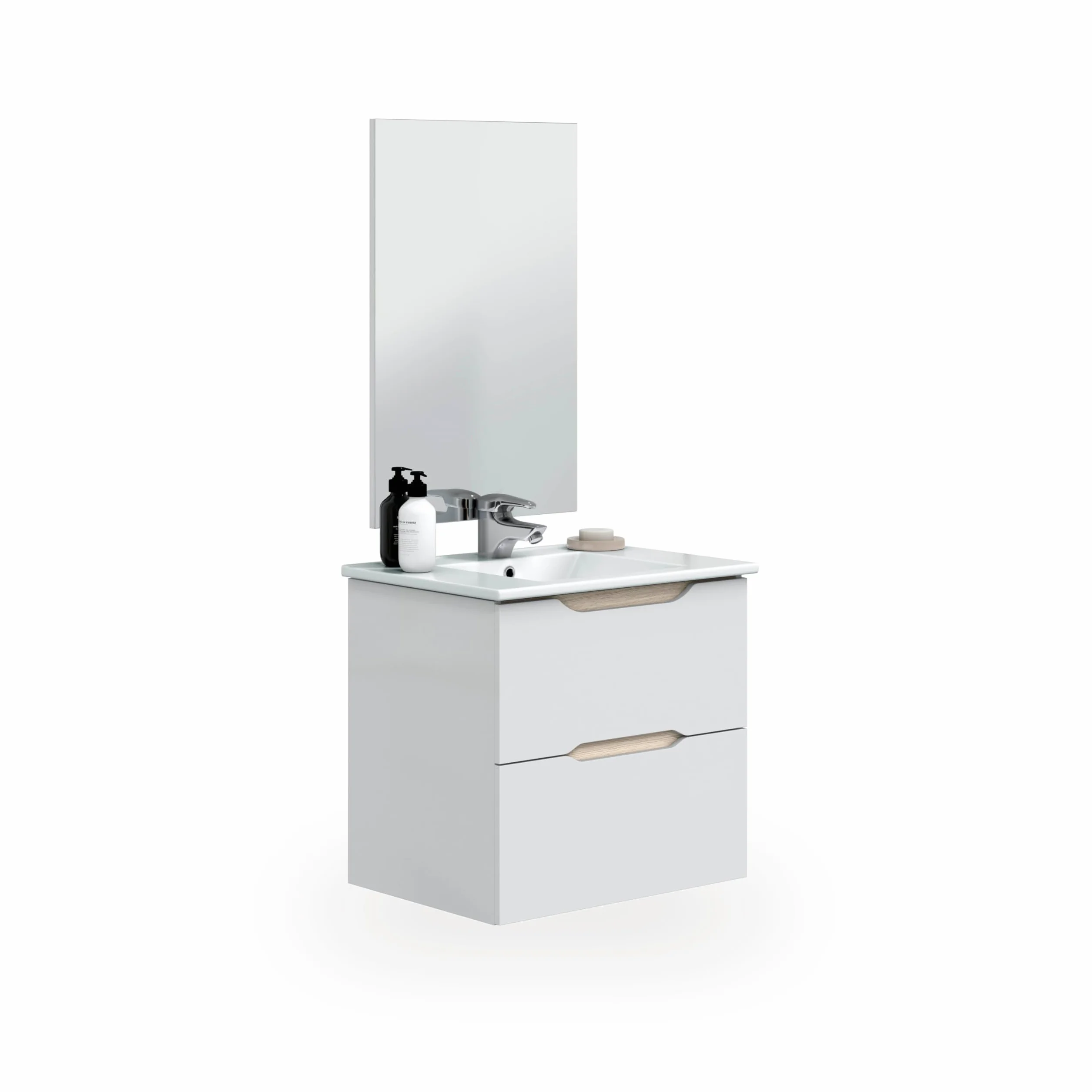 duehome | Mueble de Baño Suspendido con 2 Cajones y Espejo, Modulo Colgante, Modelo Nexa, Acabado en Blanco Brillo y Roble, Medidas: 60 cm (Ancho) x 57 cm (Alto) x 45 cm (Fondo)