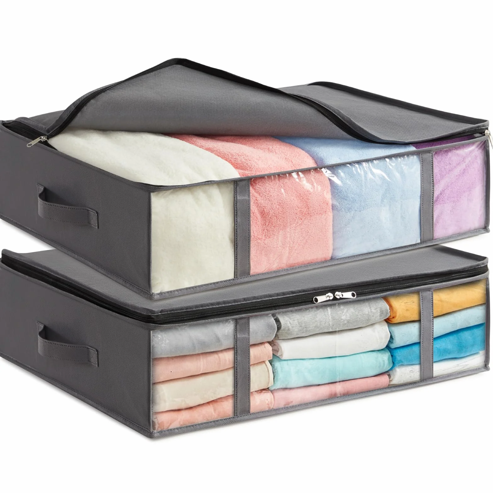 Lifewit Bolsas de Almacenaje para Debajo de la Cama, Cajas para Guardar Ropa con Ventana Transparente Frontal, Organizadore Armario para Toallas, Mantas, Gris, 40 L, 2 Piezas