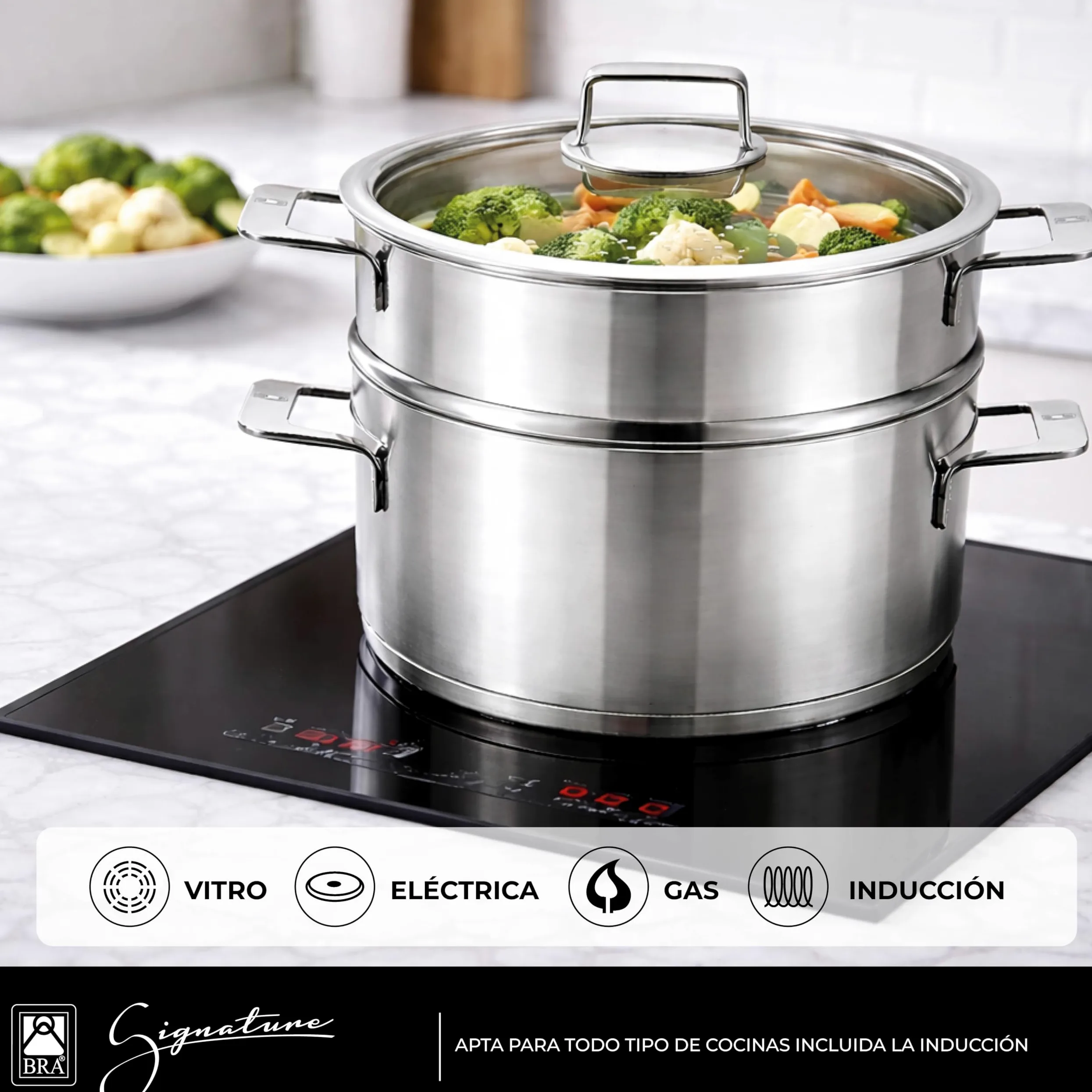 BRA Signature | Set cocina al vapor 24 cm con tapa, Acero Inoxidable 18/10 | Sin antiadherente, Cacerola 24 cm con Vaporera y Tapa de vidrio, 3, 75L, apta para inducción, triple fondo full induction