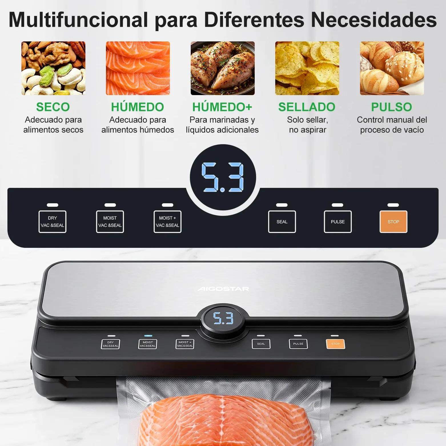 Aigostar Envasadora al Vacío, 9L/min, Pantalla Digital, Bandeja Extraíble | Envasadora al Vacío Doméstica con 6 Modos, Función Moist+, Cortador y Almacén de Rollos, Incluye 10 Bolsas y 2 Rollos