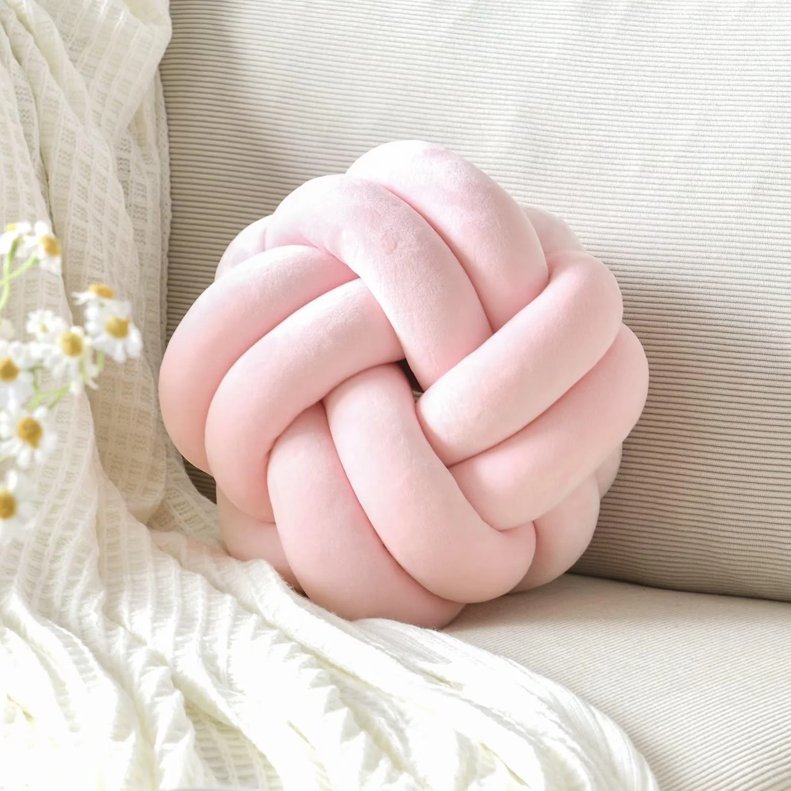 Cojín Decorativo Suave con Nudo para el hogar, cojín Redondo con Nudos para Cambiar, Cojines Modernos Hechos a Mano para Dormitorio, sofá (8 Pulgadas, Rosa Claro)