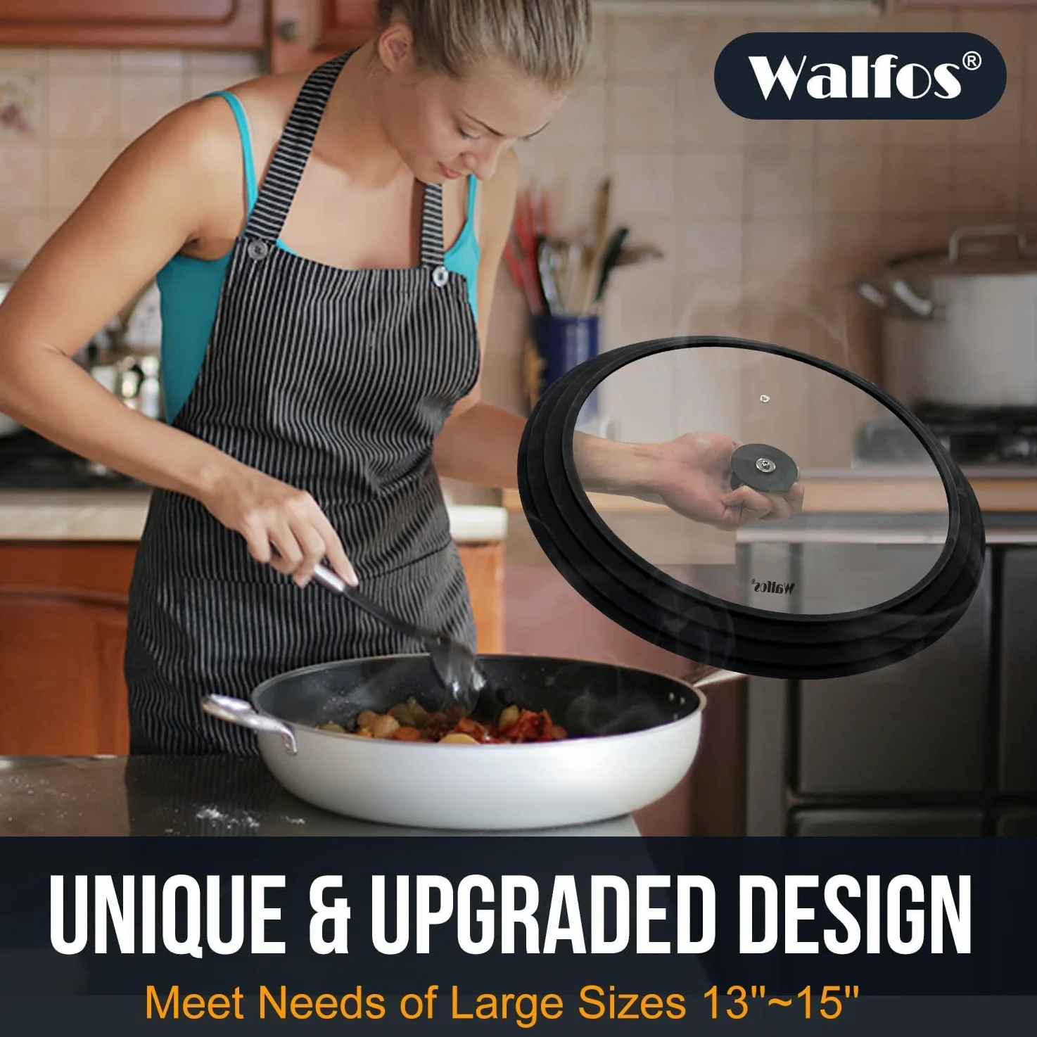 Walfos Tapa universal para ollas, sartenes y sartenes. Se adapta a utensilios de cocina de 33 cm, 36 cm y 38 cm de diámetro, tapa de vidrio con borde de silicona resistente al calor, (negro)
