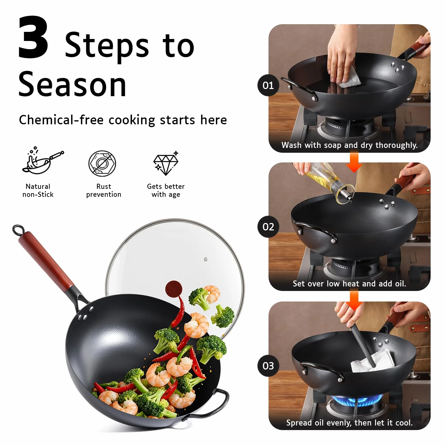 Kordisen Wok de Acero al Carbono 32cm con Tapa, Mango de Madera, Fondo Plano para Inducción y Gas, Antiadherente Natural, Gran Capacidad para 3-6 Personnes, Sartenes para Saltear Estilo Asiático | 17 cm Flachboden für Induktion, Gas, Elektro und Glaskeram