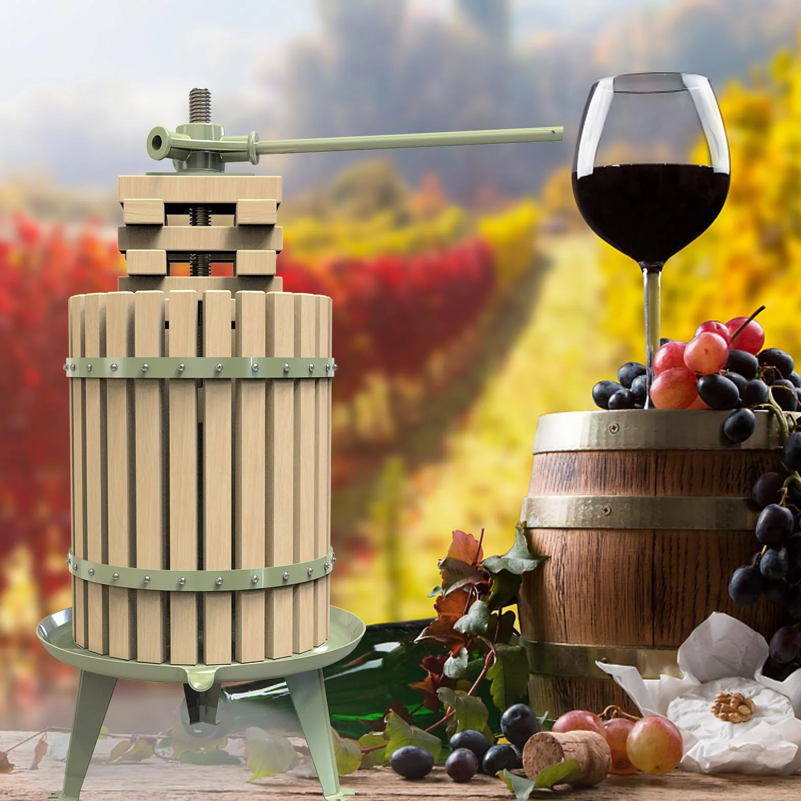 Prensa de vino de frutas, trituradora manual de manzanas y uvas 100% natural, saludable para cocina, cesta de madera maciza con bloques, prensa para hacer vino de sidra (certificado LFGB, resistente)