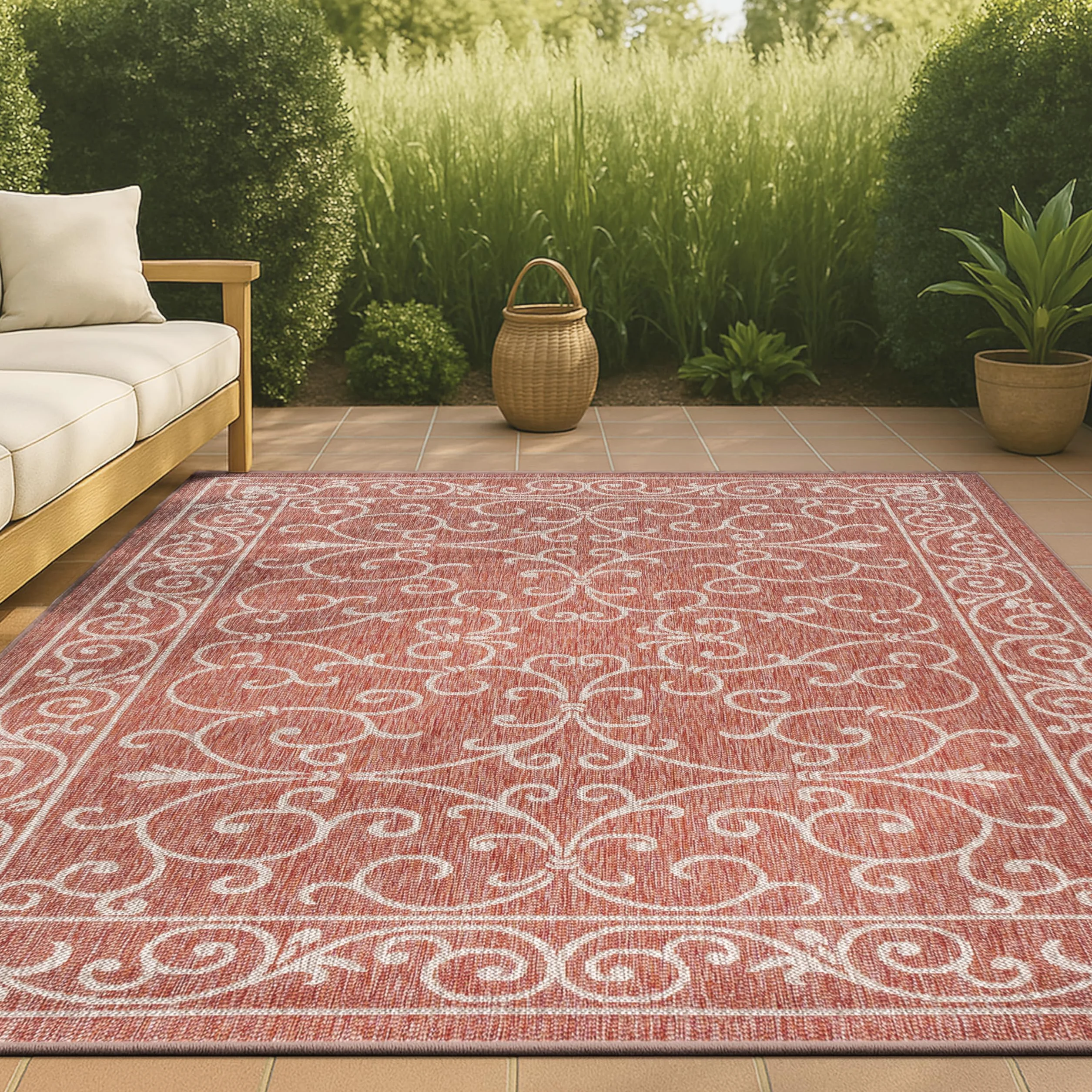 JONATHAN Y SMB106B-8 Charleston Alfombra Exterior Interior Textura Tejido Filigrana Vintage, Fácil de Limpiar, Habitación, Cocina, 240 cm x 300 cm, Rojo/Beige