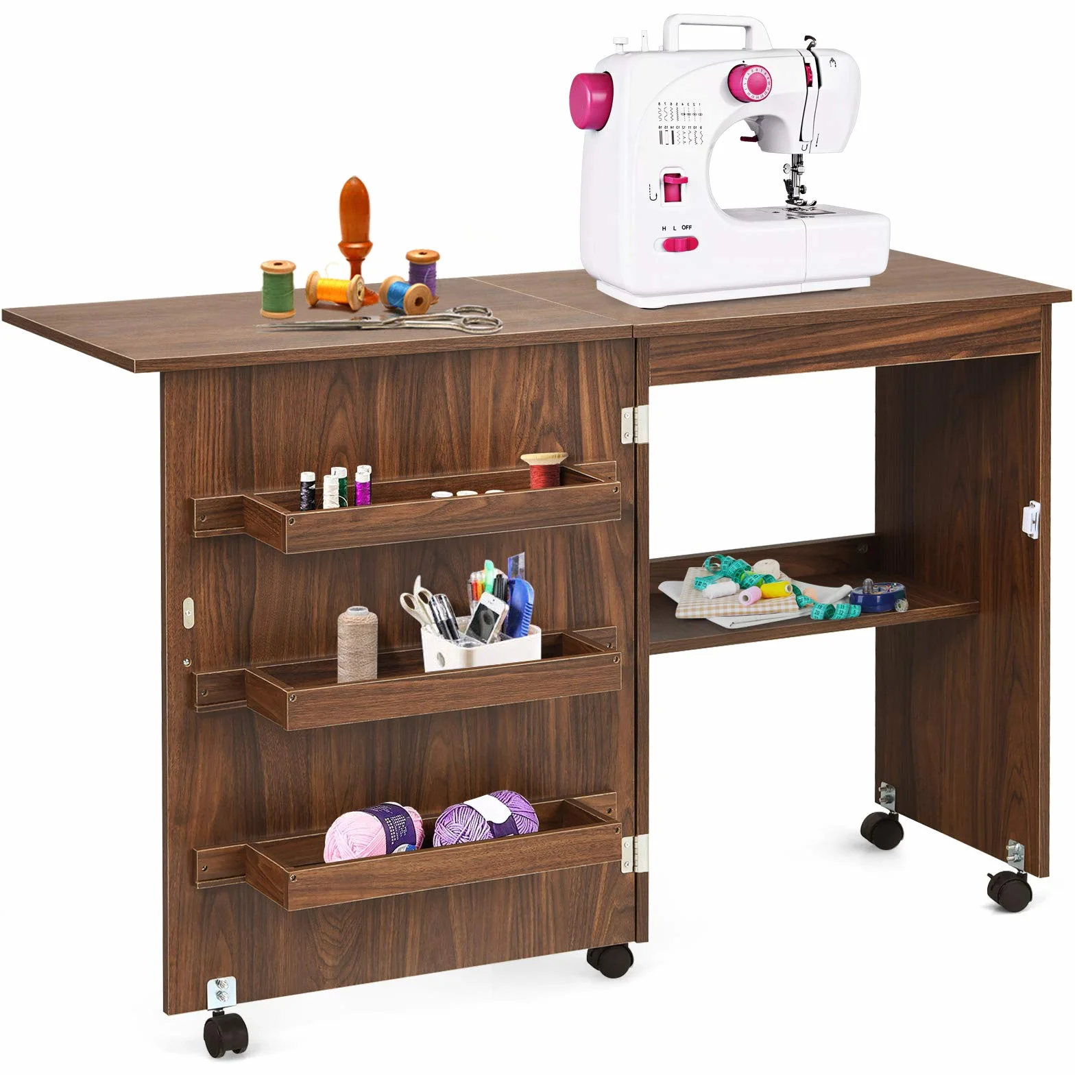 GOPLUS Mueble para Máquina de Coser, Mesa Plegable de Costura con 5 Ruedas y 4 Estantes, Armario Organizador de Costura y Manualidades, Escritorio de Costura para Hogar, Estudio (Marrón Oscuro)
