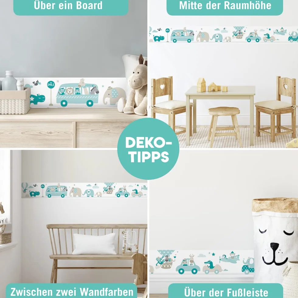 cenefa autoadhesiva, 450 x 11.5 cm, diseño excursión de los animales, color beige-menta-turquesa