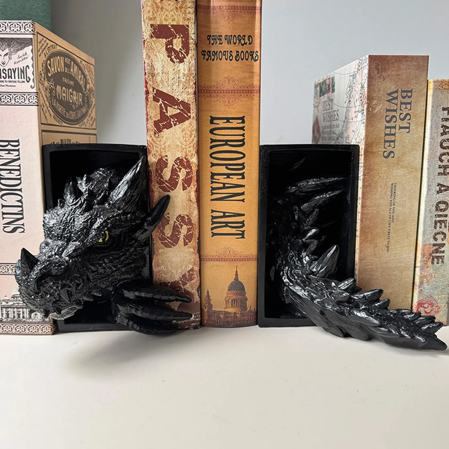 Sujetalibros de dragón, escultura de dragón de resina, soporte para libros, estatua de animales, sujetalibros decorativo para decoración de estantería en el hogar y la oficina (negro)