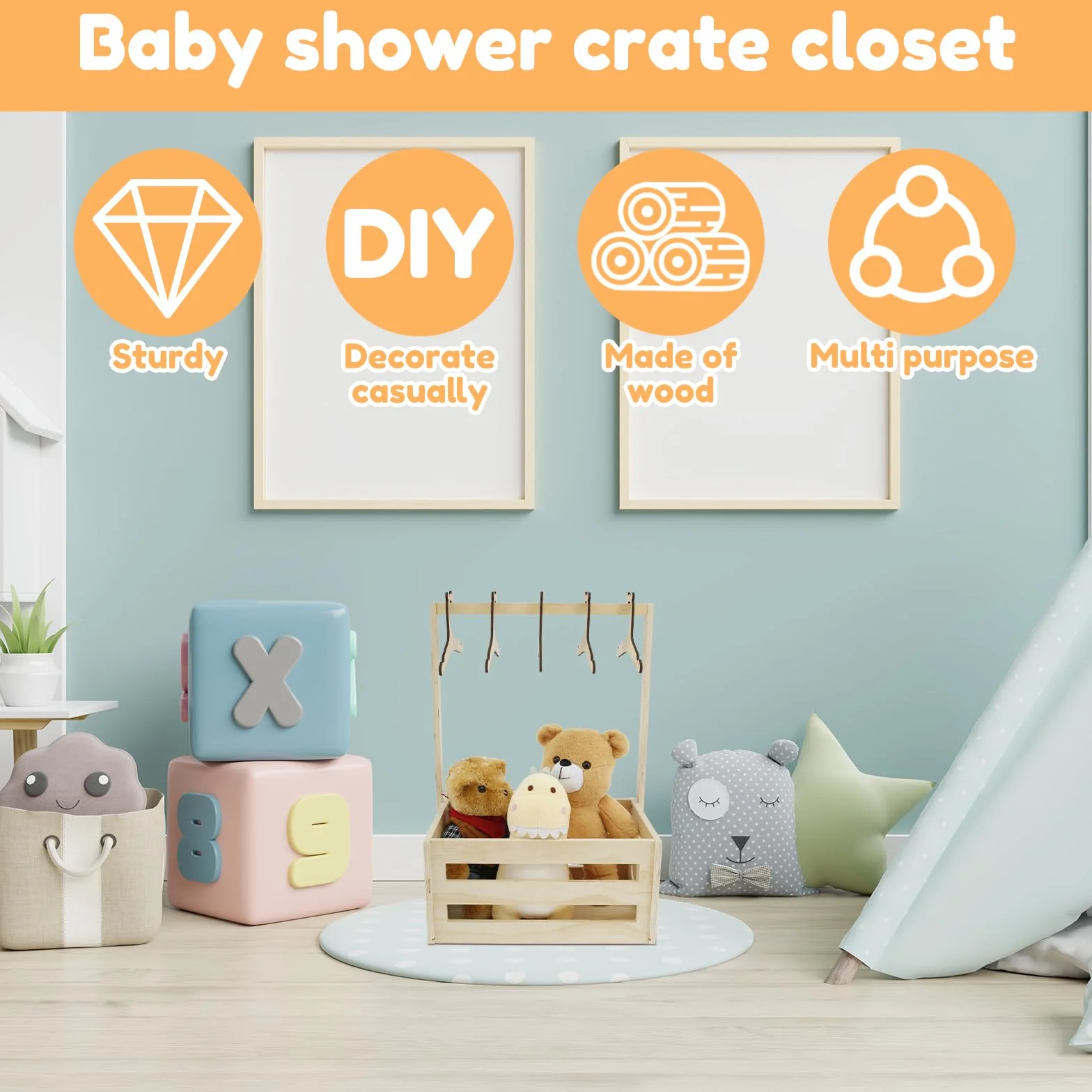Cesta de bebé regalo con asa de madera 41x30x20 cm para baby shower almacenamiento recién nacidos