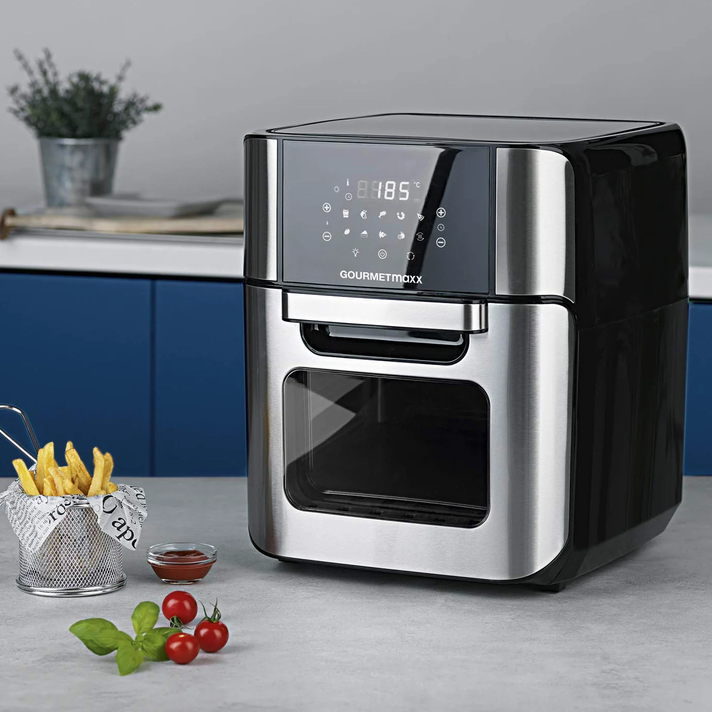 GOURMETmaxx Digital Hot Air Fryer 12 L, Horno XXL, Negro | Airfryer + temporizador, pantalla táctil, espetón giratorio | freír con poca grasa, ahorro de energía | 10 programas incl. pizza | 1800 W