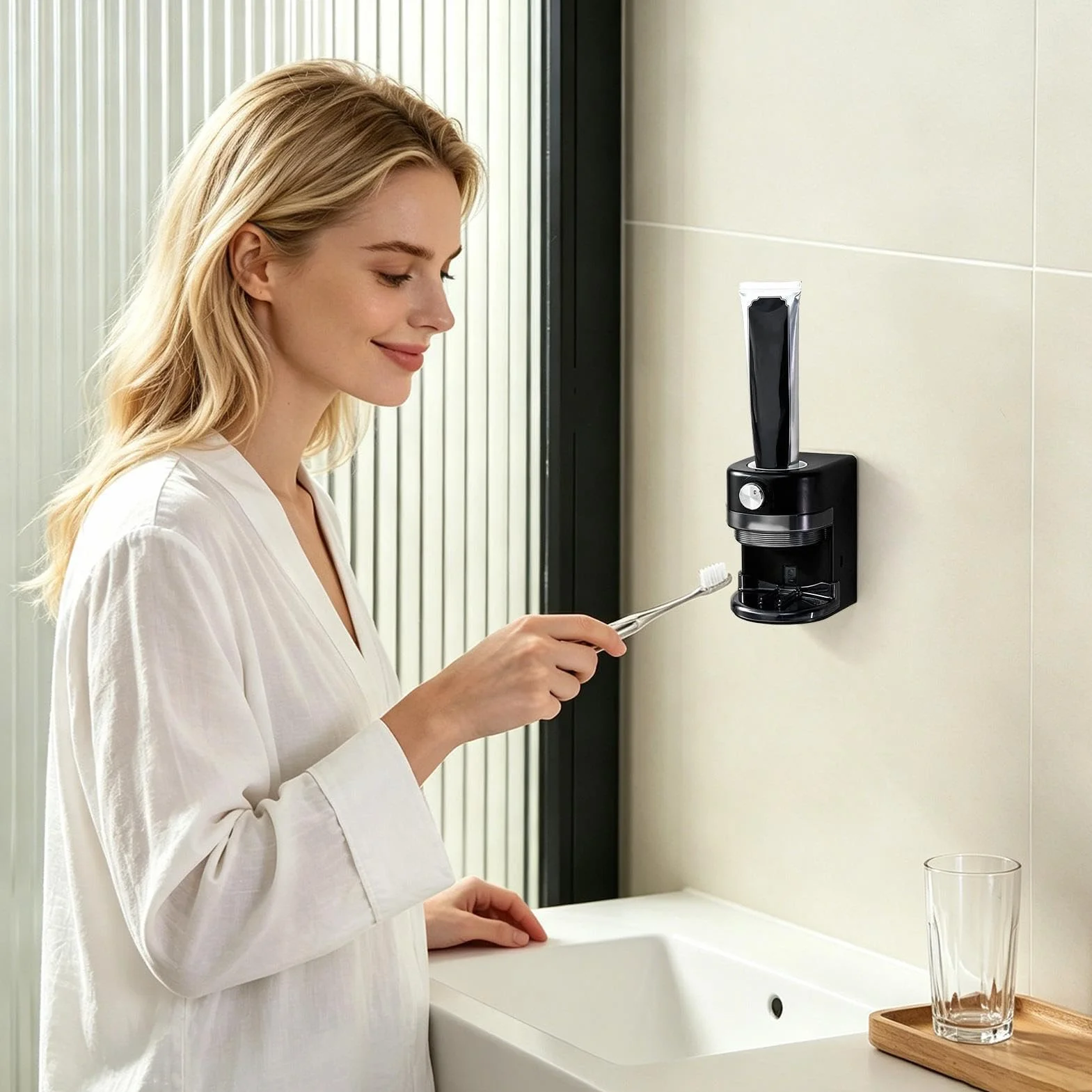 Dispensador de pasta de dientes y soporte para cepillo de dientes, montaje automático en la pared, fácil instalación para uso en baño y dormitorio, solución de higiene conveniente