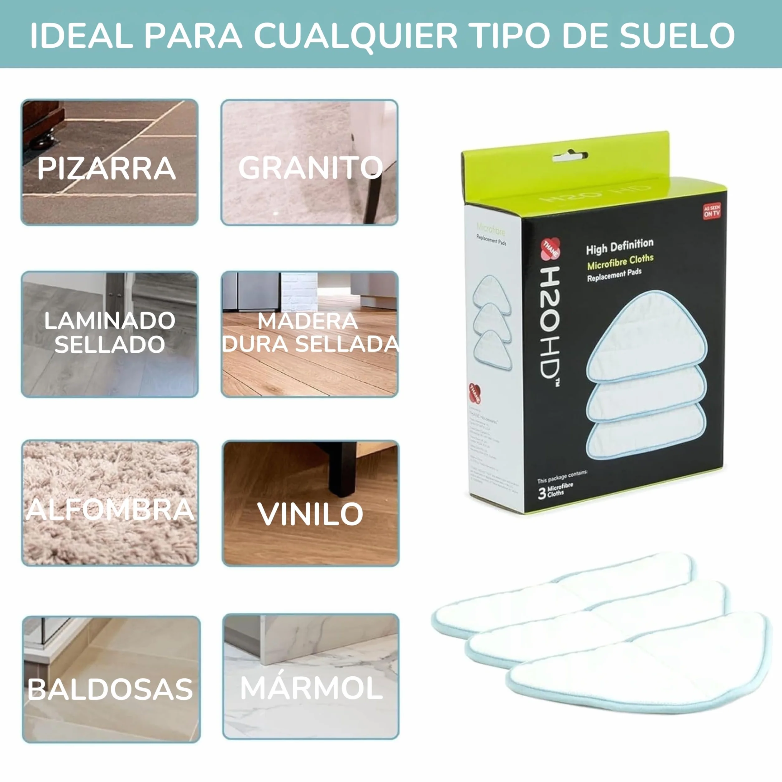 H2O HD Pack de 3 Paños de Microfibra – Recambios Lavables para Mopa a Vapor – Compatible con H2O HD, Dual Blast y Lite – Alta Absorción
