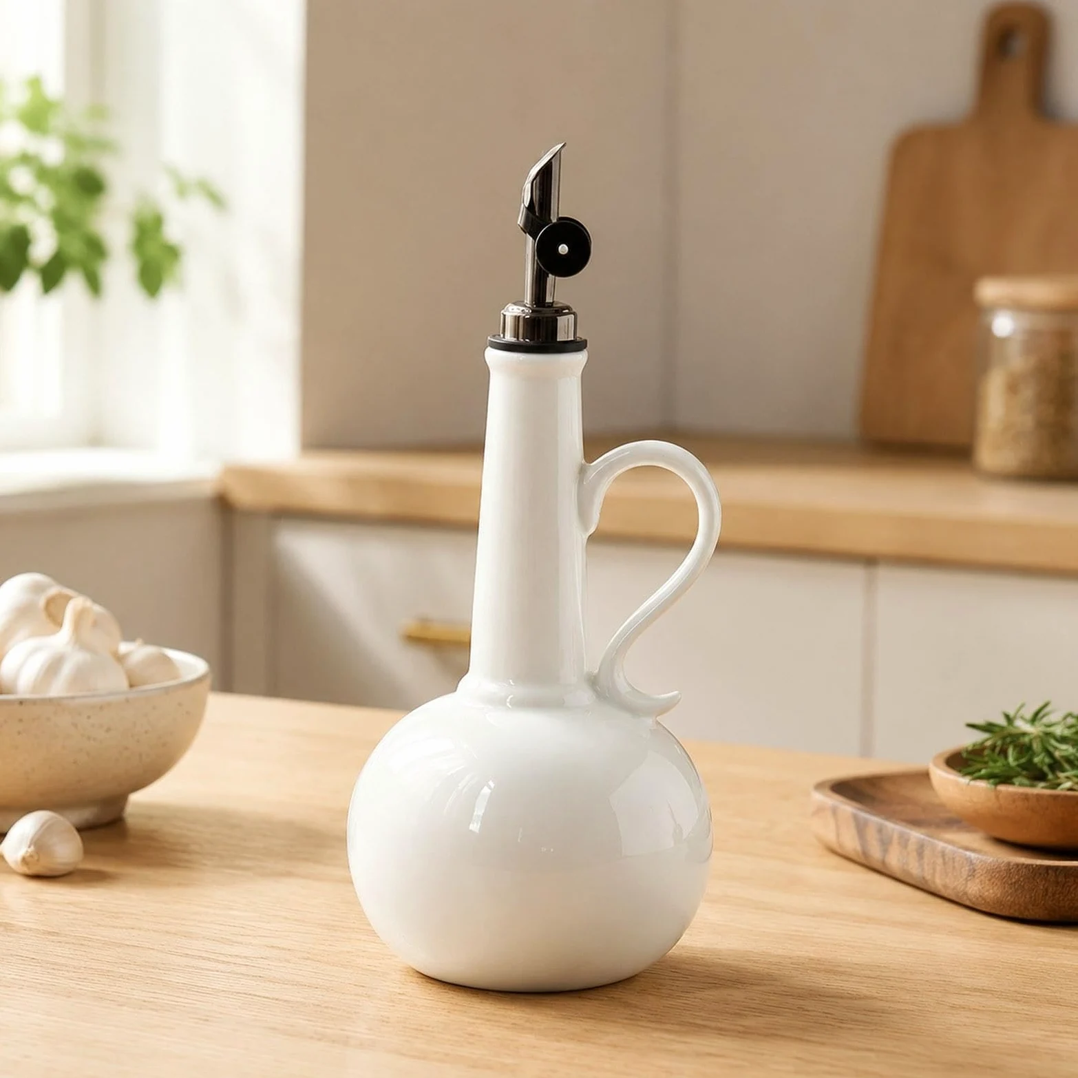 Botella Dispensadora de Aceite Vinagrera Manual Elaborada en Cerámica Contenedor para Cocina con Antiderrame Adecuada para Uso Doméstico Come, Blanco, Individual