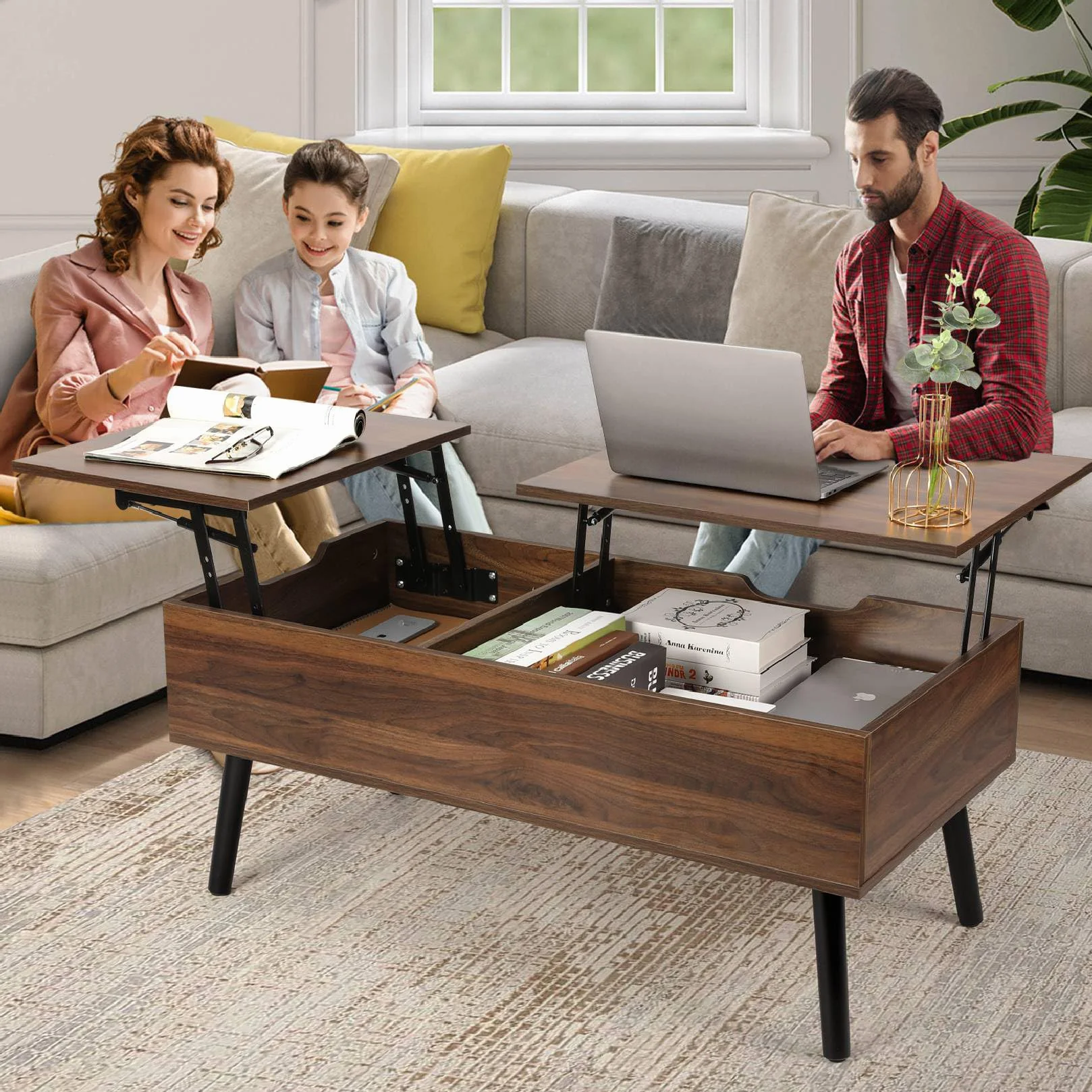 VOWNER Mesa de Centro, Mesa de Centro Regulable en Altura, Extraíble, Extensible, Compartimento de Almacenaje Oculto Independiente, Tablero Elevable Doble, Mesa de Sofá de Salón, Nogal Color
