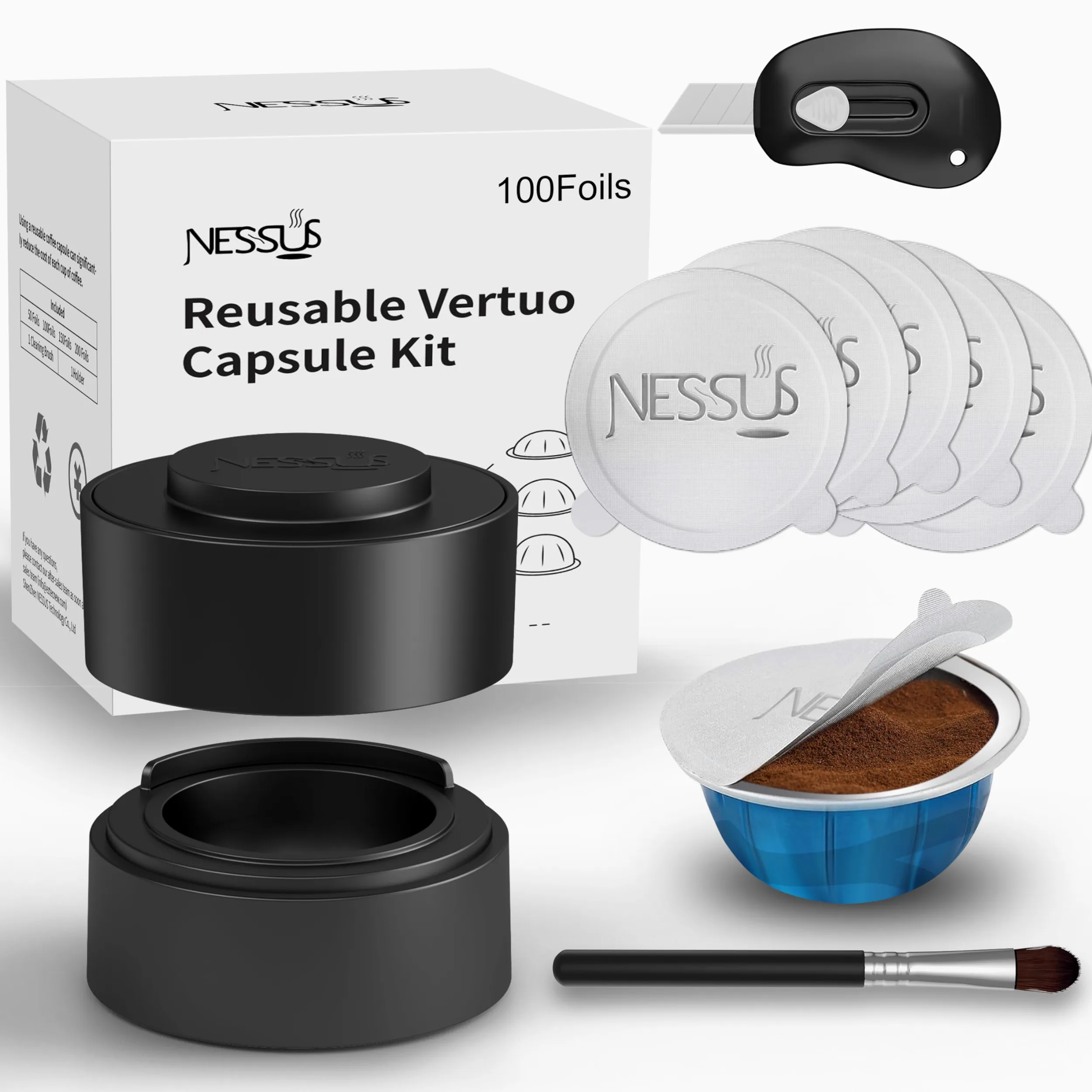 Nessus Kit de cápsulas Vertuo reutilizables, [ALSeal EZ FIT] para cápsulas reutilizables Nespresso con 100 tapas de sellado de papel de aluminio, soporte, cepillo, para rellenar cápsulas Vertuo