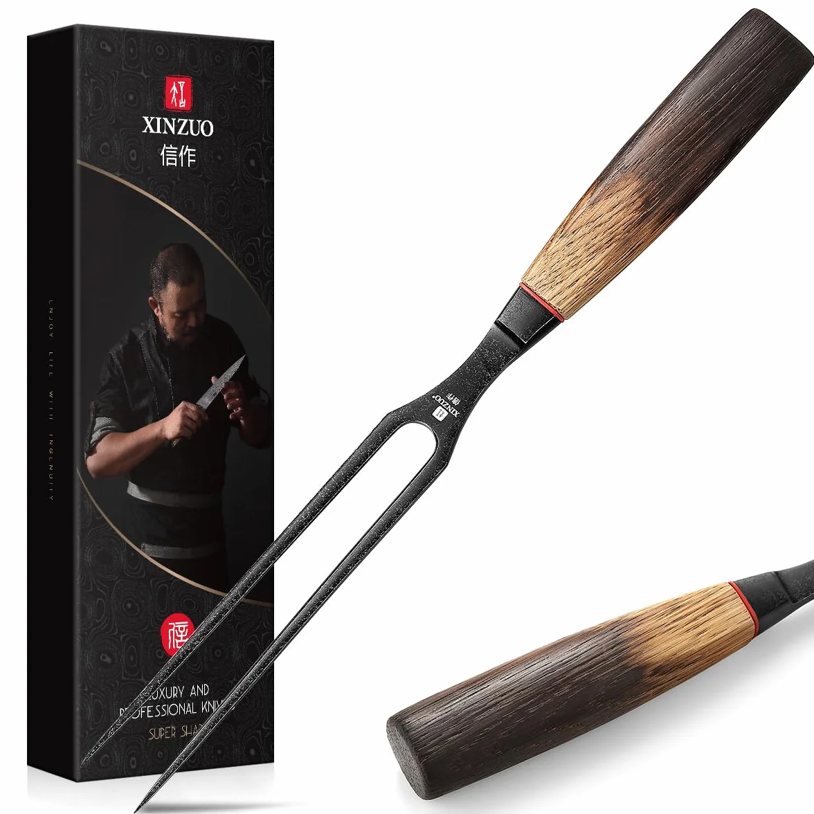XINZUO 31,5cm Tenedor de Trinchar de Carne Acero Inoxidable 430 -Profesional Tenedor de Barbacoa Chef de Cocina -Mango Ergonómico de Roble Blanco -con Caja de Regalo