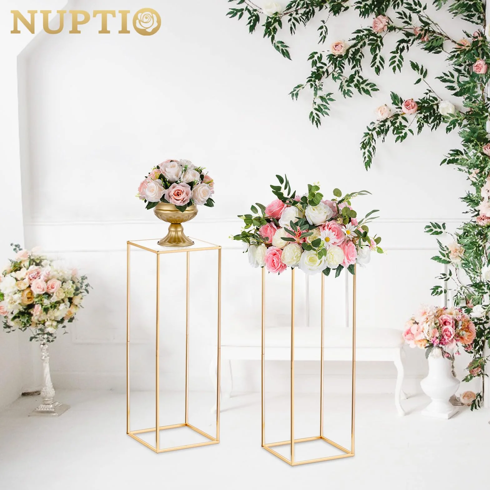 Nuptio 2 Piezas Jarrones Oro para Mesas Centro Boda, Soporte Flores Columna Jarrón Piso Flores Metal, Florero Geométrico 80cm Alto, Estante Exhibición Flores Rectangular para Boda Fiesta Casa