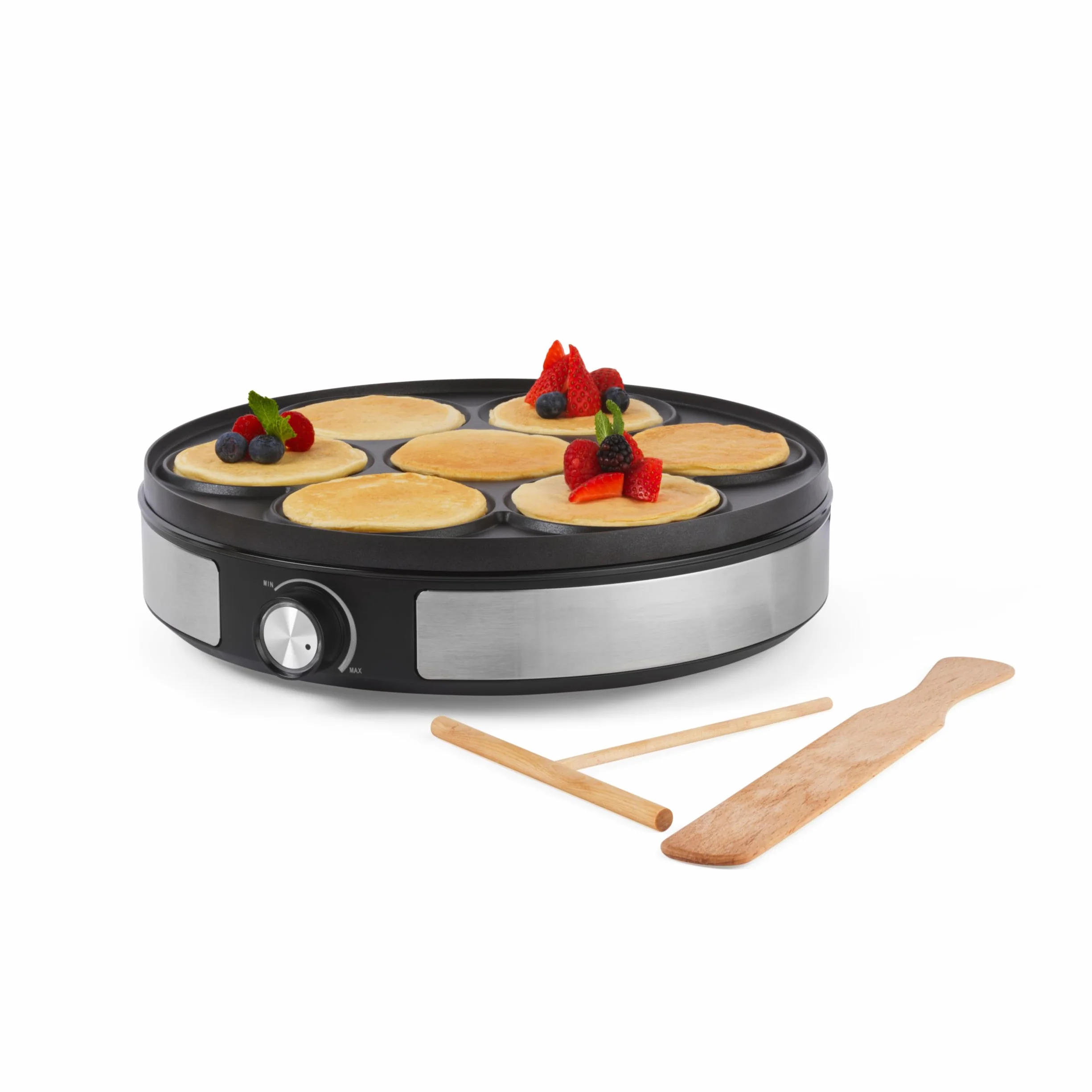 Petra 2 en 1 Crepera – Máquina para Panqueques, Haga 1 Crepe Grande o 7 Mini Panqueques, Plato de 33 cm, Antiadherente, Herramienta para Crepes de Madera y Espátula Incluida, 1500W, PT6225VDE