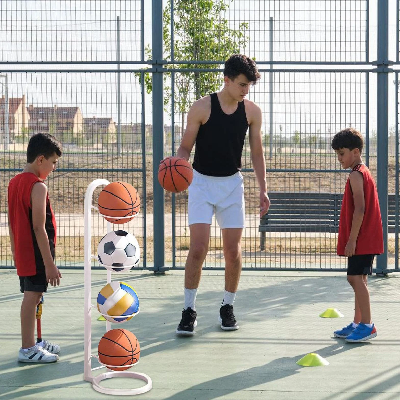 Soporte Balones Multifunción Estante Almacenamiento Voleibol Hierro 5 Capas Resistente Óxido