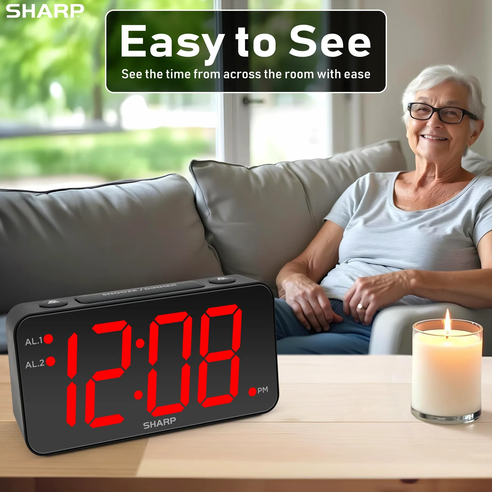 Sharp Reloj Despertador Digital con números Gigantes, fácil de Ver, Grande en Cualquier Lugar, operación Simple, batería de Respaldo, Caja Negra, Pantalla LED roja