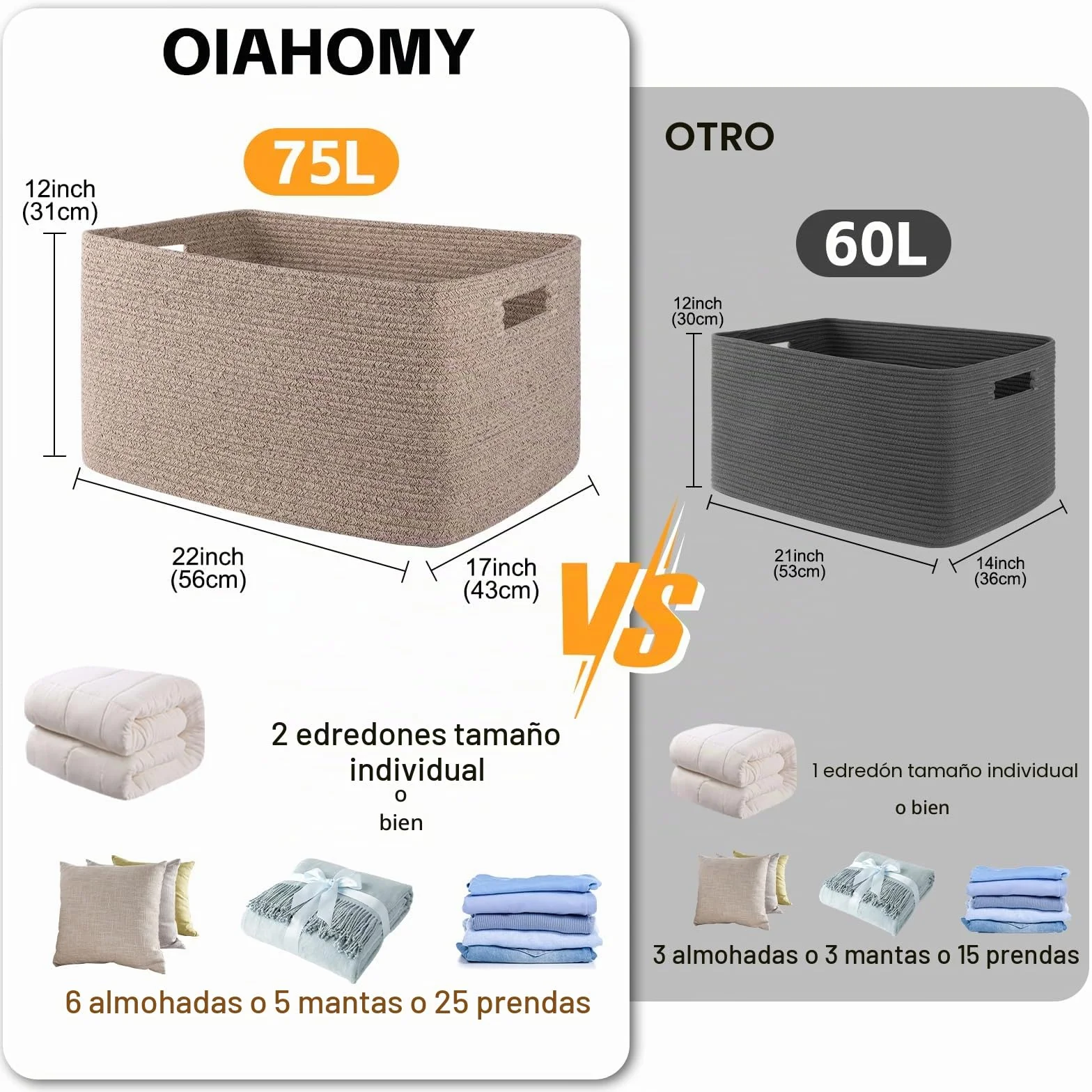 OIAHOMY Cesta grande con asa para almacenamiento de mantas, tejida con cuerda de algodón, 75 litros, 55,88 x 43,18 x 30,48 cm, para sala de estar, para juguetes, habitación infantil, marrón veteado
