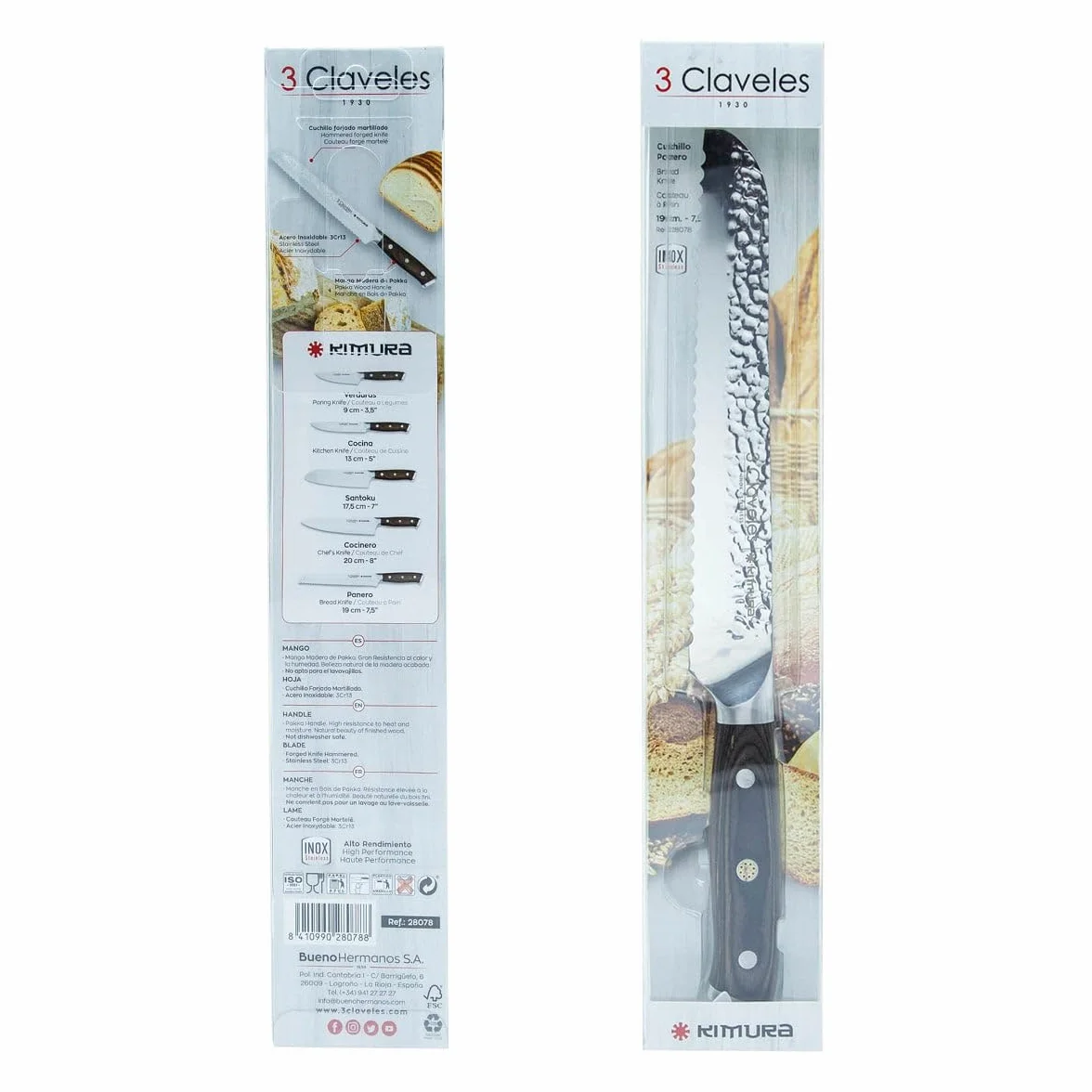 Cuchillo Panero Profesional 19cm 3 Claveles - Sierra grande Duradera para cortar para Pan, Corte Limpio en cocina, Mango Madera Pakka, Resistente"