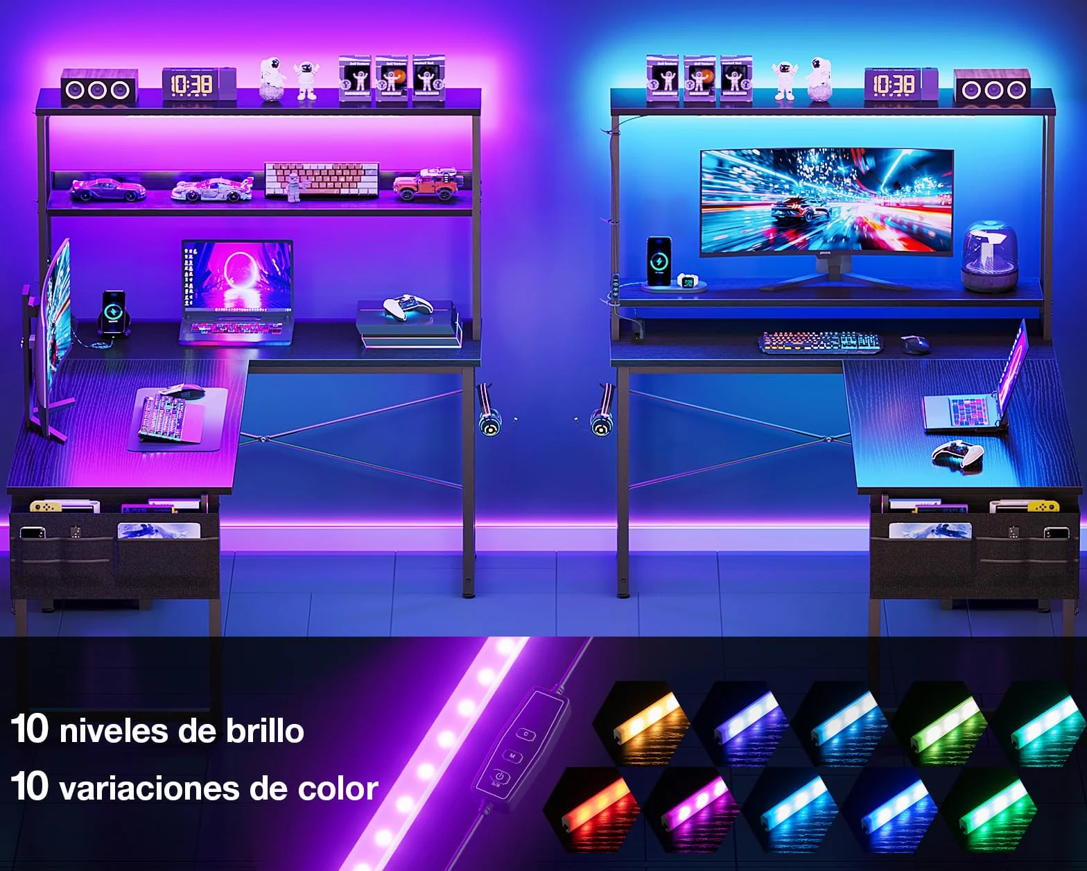 Coleshome Escritorio Gaming en L con LED y Enchufes, 135 × 100 cm Escritorio Gamer Reversible con Estantes, Escritorio Esquinero con Bolsa de Almacenamiento y Gancho para Jugadores, Negro