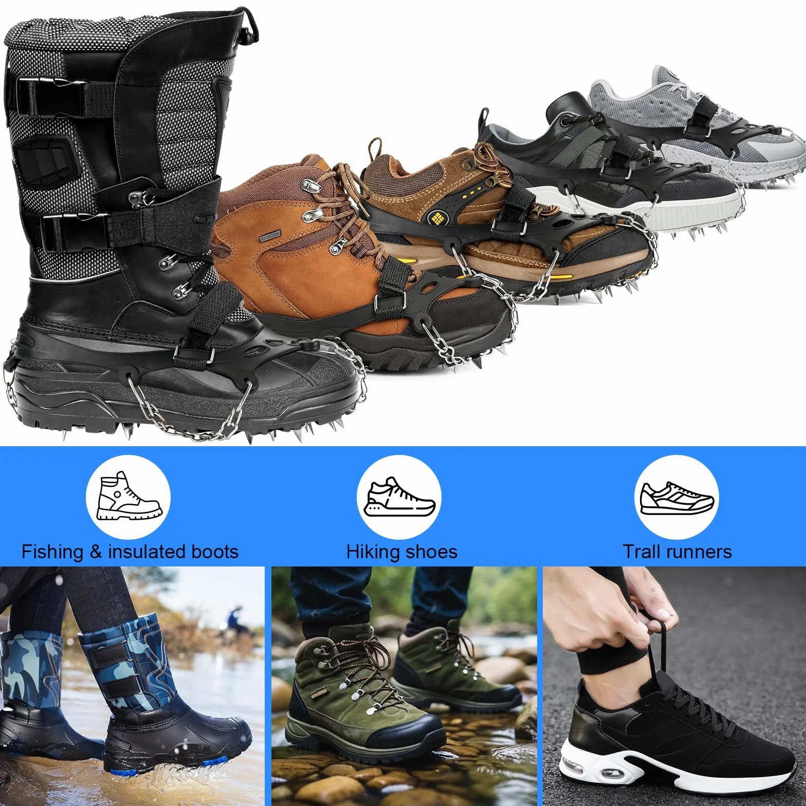 Crampones 24 Dientes Antideslizantes Tracción Nieve para Botas Senderismo Escalada Pesca Montañismo