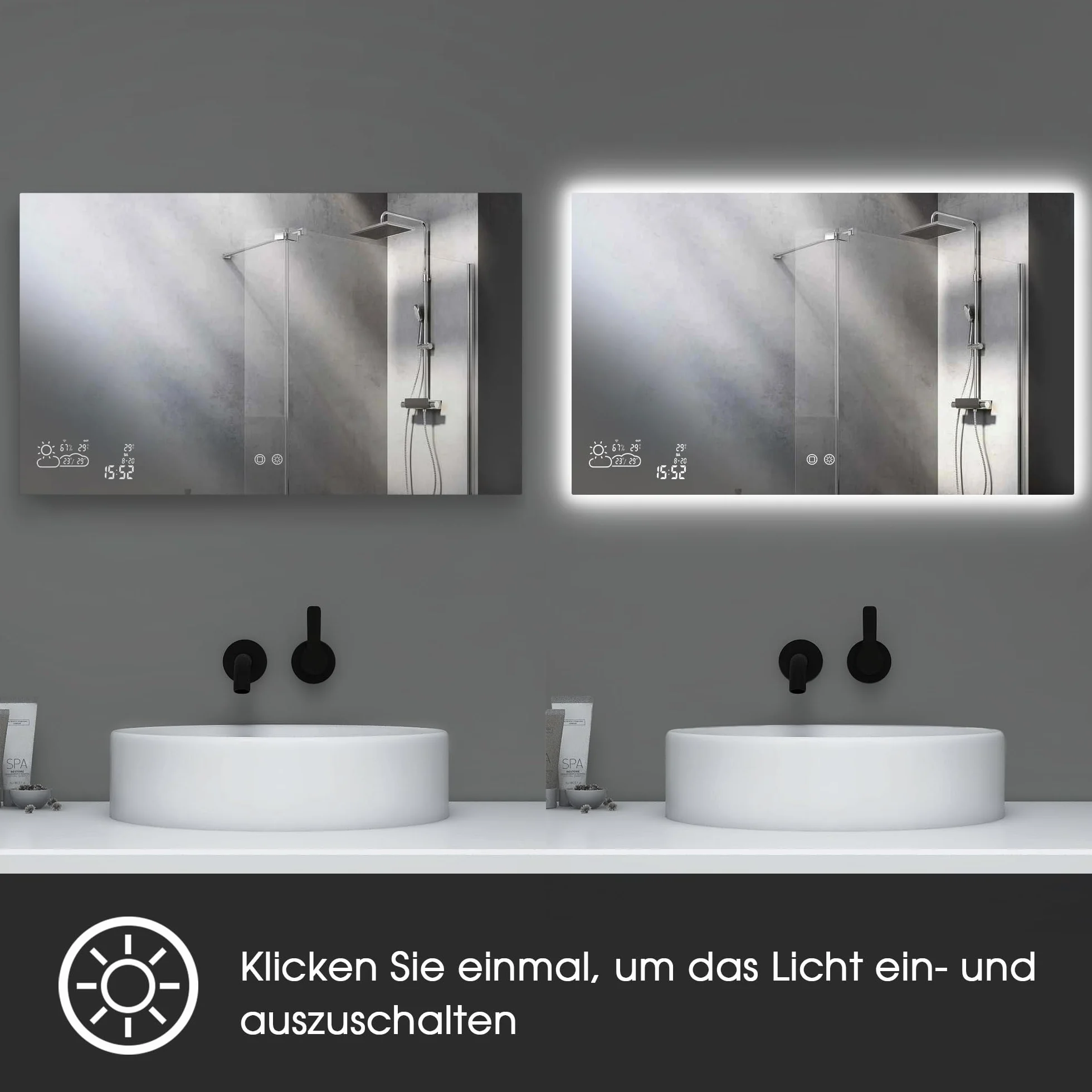 byecold Espejo de baño con iluminación LED 100x60 cm, Calefacción con estación meteorológica, WiFi, Espejo de baño, Calefacción con Interruptor táctil, Horizontal