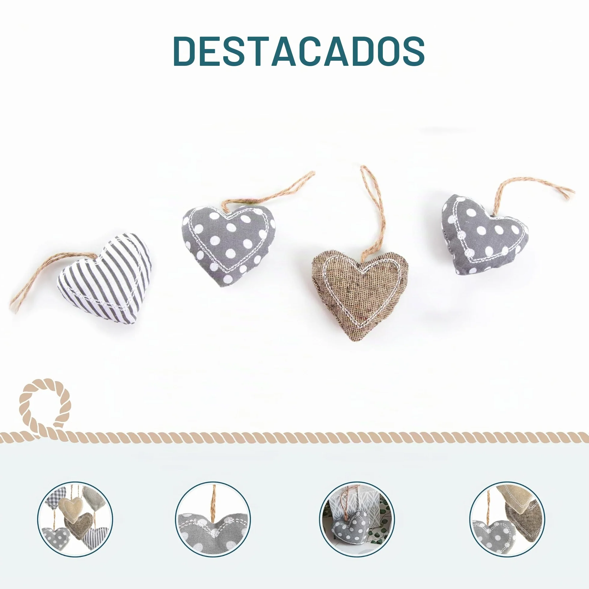 Colgantes Corazones Tela, 6 Piezas: Adornos navideños de Madera y Tela, Colgante Navidad Beige y Gris, decoración hogar Invierno, para árbol y Regalos, 5 x 6 cm