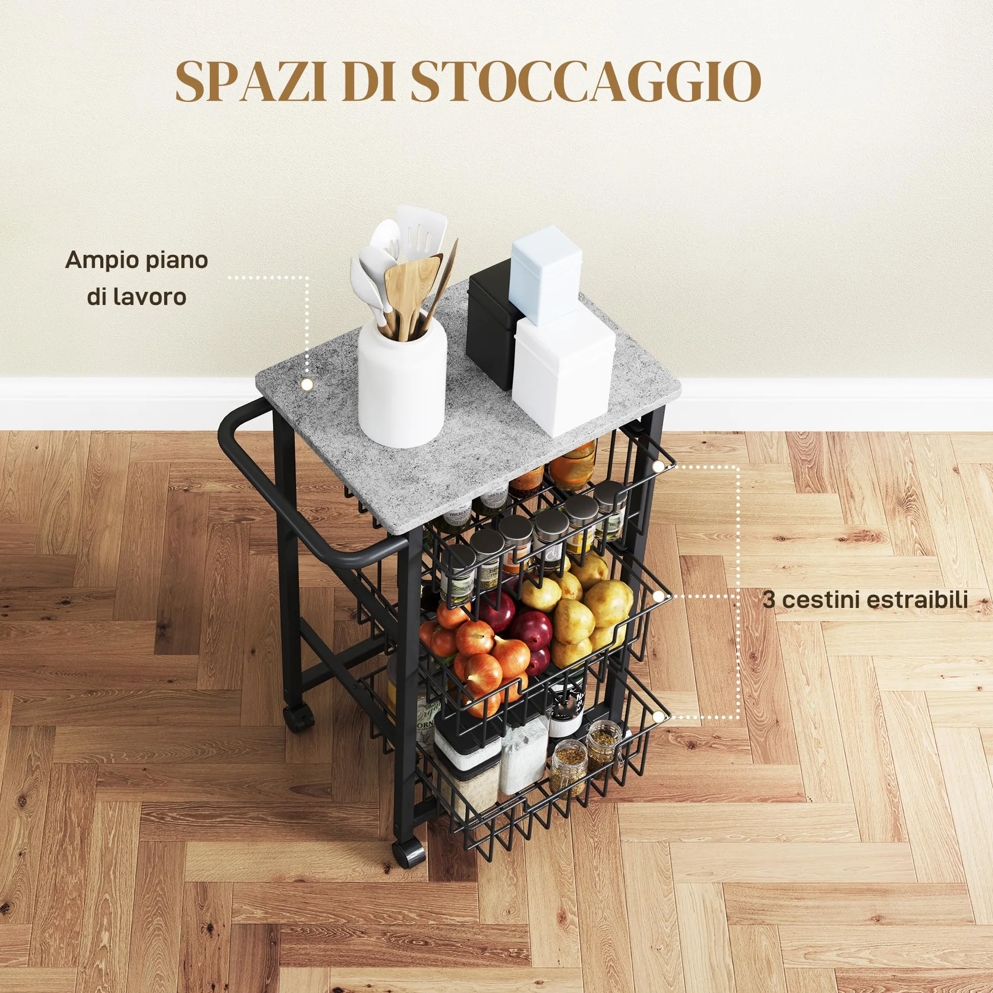 HOMCOM Carrito de Cocina Carrito Verdulero para Cocina con 3 Cestas Deslizables y Marco de Acero Carrito Auxiliar con Ruedas para Comedor 49,5x31x69 cm Gris Claro