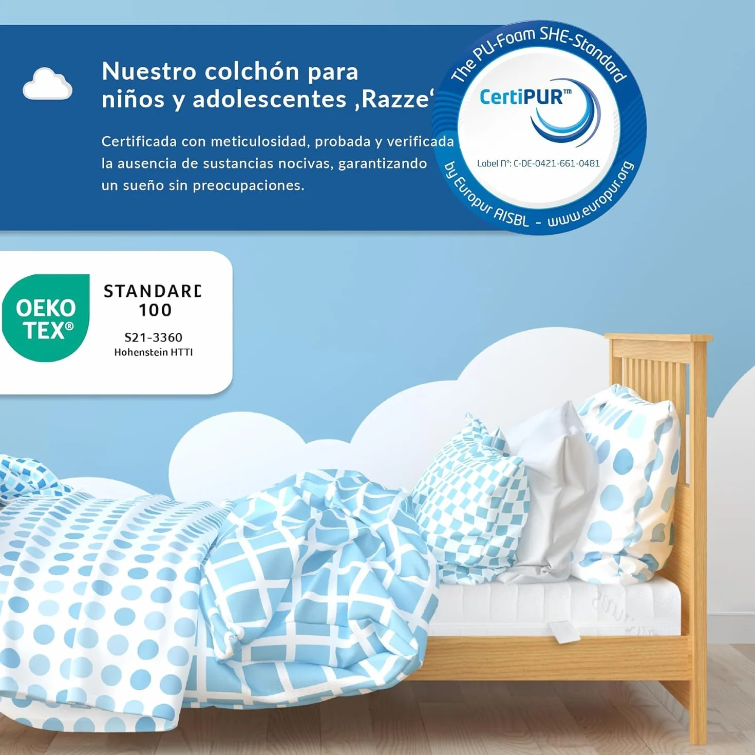 BMM Colchón Infantil Razze 100x200 cm, firmeza H2, colchón de Espuma fría Certificado Öko-Tex, colchón Juvenil para Todas Las Camas, Fabricado en Alemania.