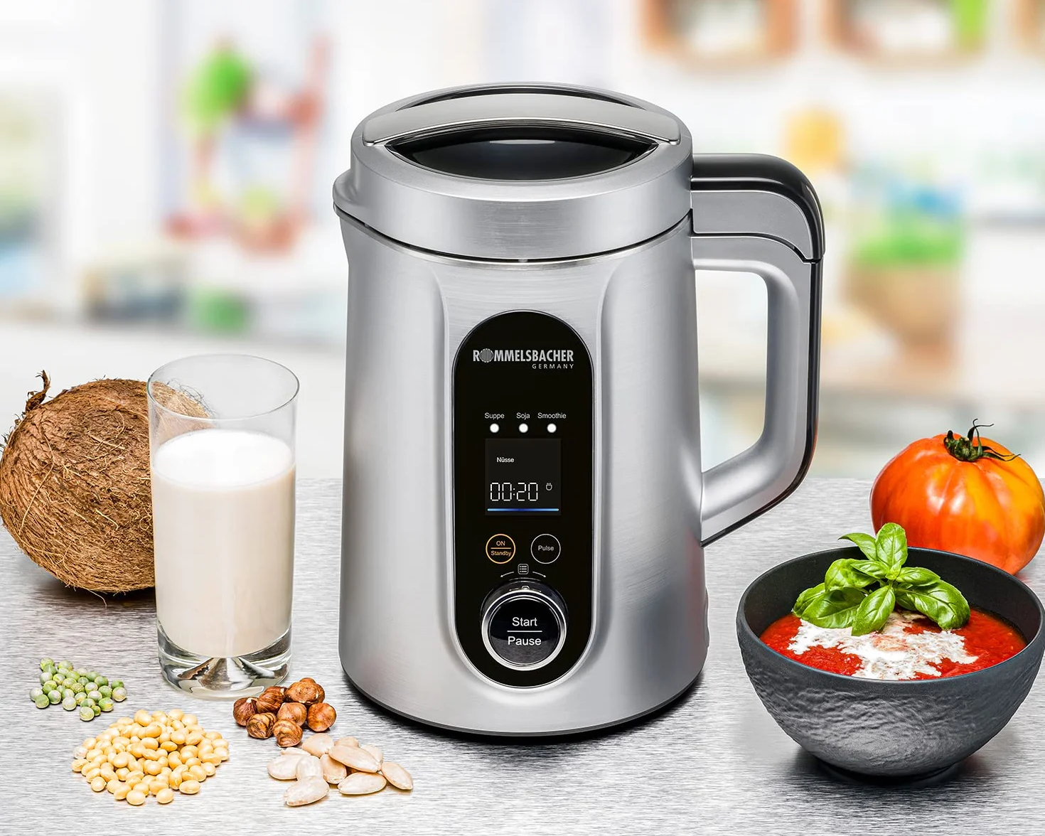 ROMMELSBACHER Veggie SVD 1400 - Preparador para bebidas y sopas, 9 programas, programa de limpieza, recipiente interior de acero inoxidable, capacidad de 1,3 l, campana para puré, cuchillo de filo