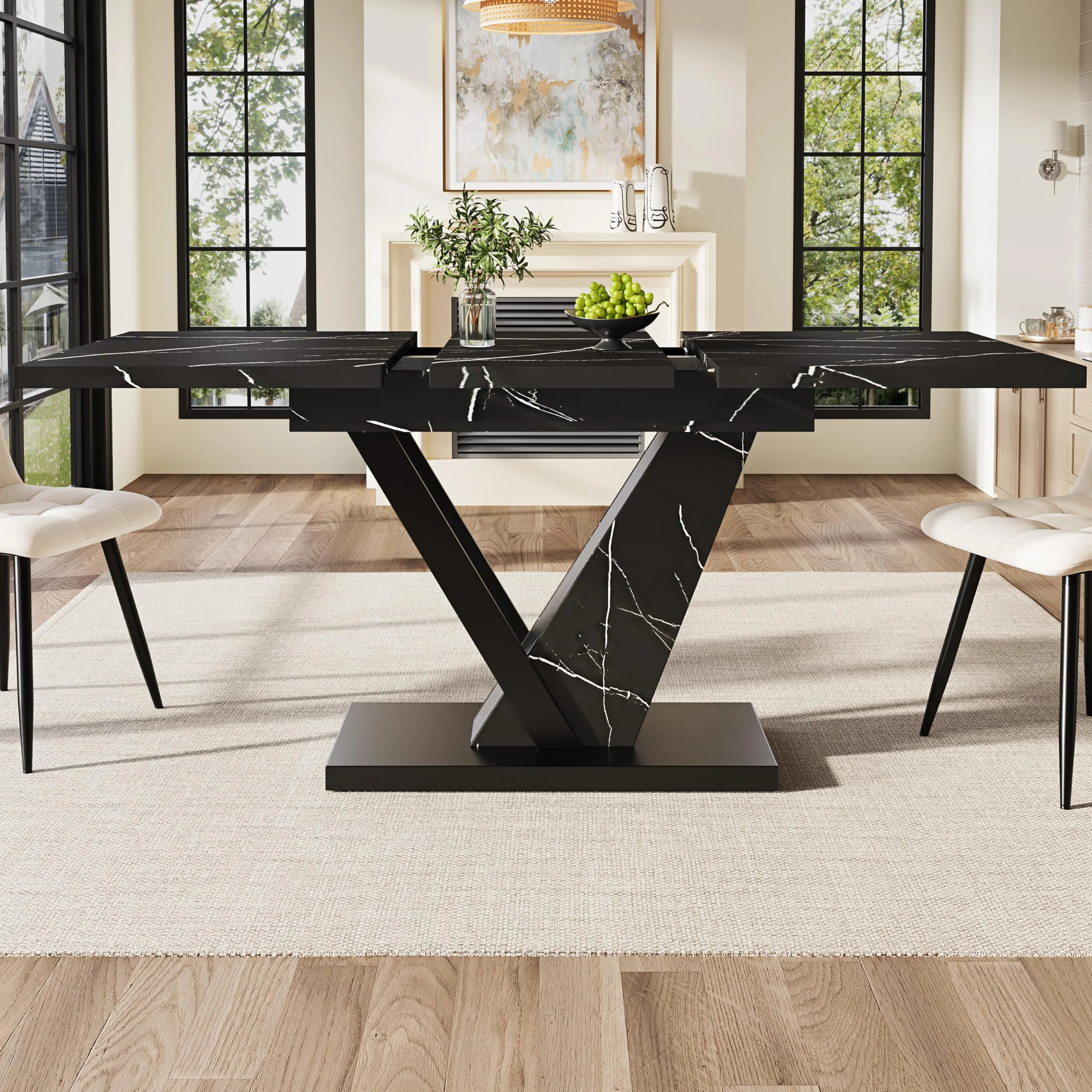 Mesa de comedor (120-160 x 75 cm), telescópica, mesa de cocina, mesa extensible, para cocina y salón, con diseño de mármol negro