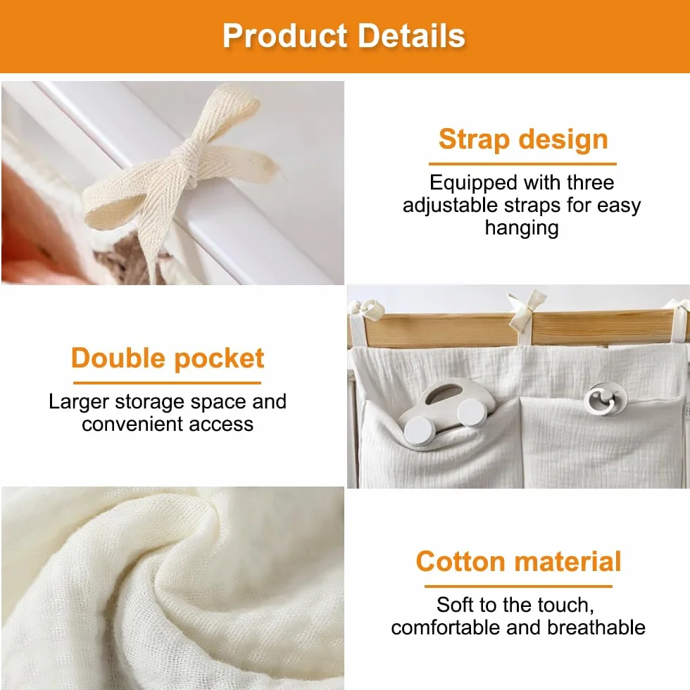 Organizador Cuna 2 Piezas Bolsas Almacenamiento Ajustable Colgante con Dos Bolsillos Grandes