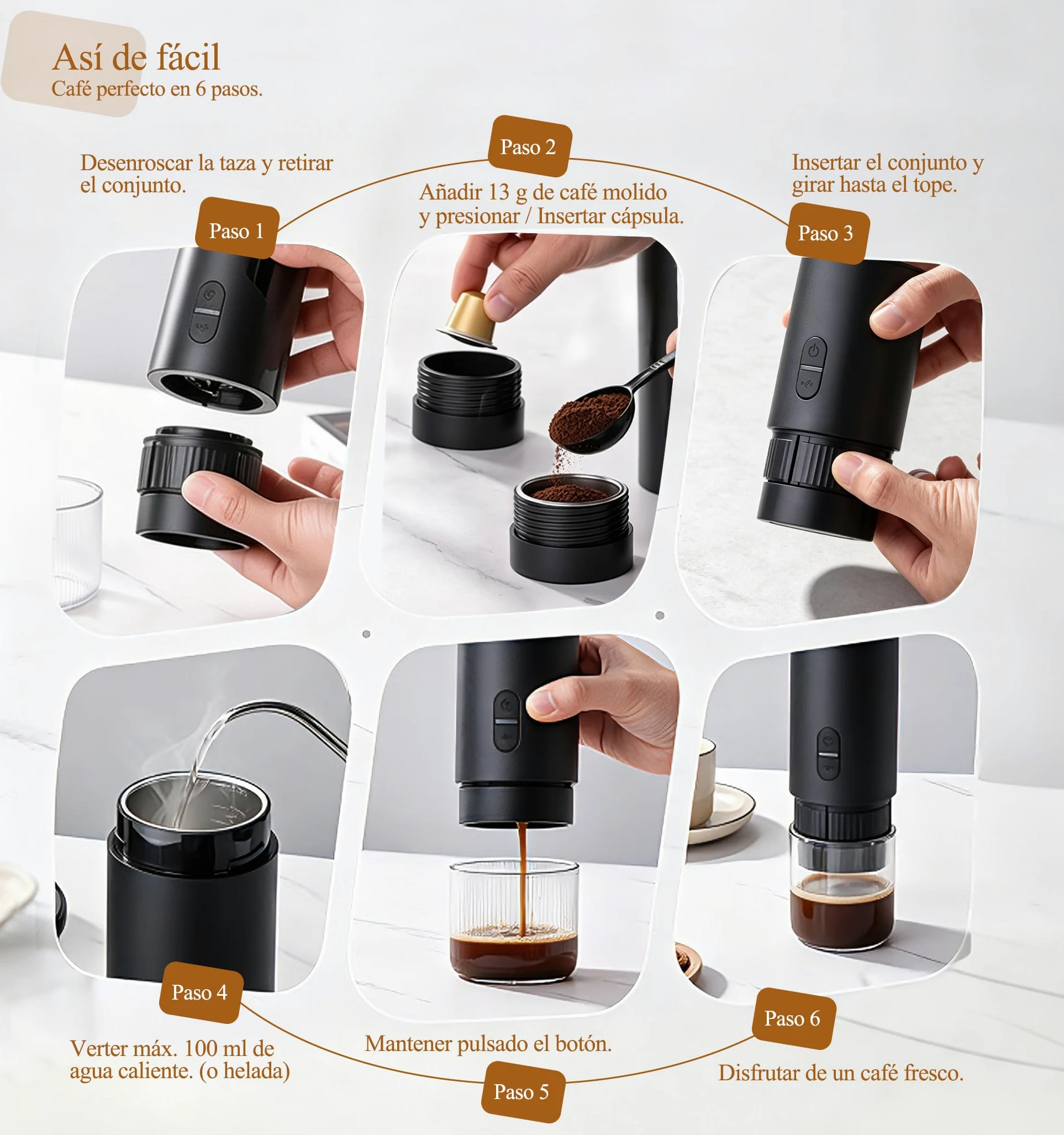 Cafetera espresso eléctrica portátil, para café molido y cápsulas | Cafetera de viaje 2 en 1, presión 20 bares, recarga USB-C, diseño compacto, para camping, coche y picnic