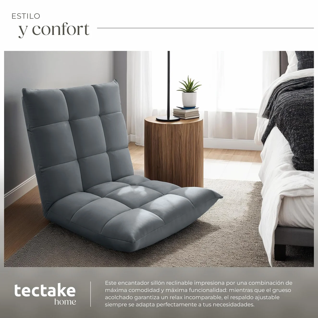tectake® Sillon Plegable Lectura, Silla de Suelo Ajustable para Tatami, Terciopelo, Respaldo Flexible en 14 Posiciones, Sofa Suelo de Estructura de Acero, Silla Yoga, cómodo cojin de Suelo - Gris