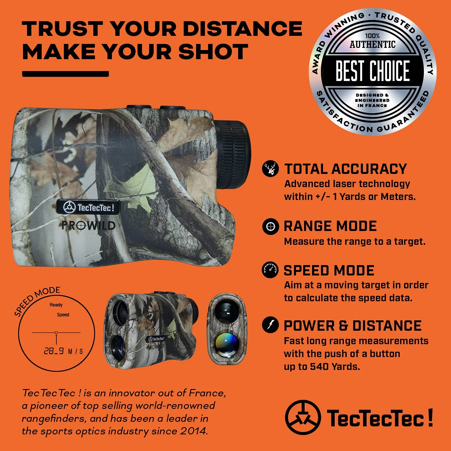 TecTecTec ProWild telémetro de caza láser con velocidad y escaneo Camo