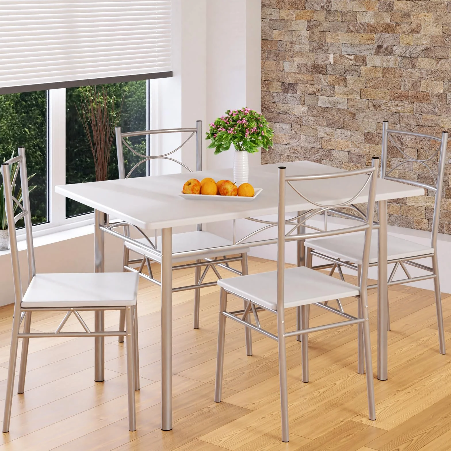 CASARIA® Conjunto Mesa y Sillas de Comedor Set de Muebles de Cocina Juego Completo Blanco 110x70cm Madera MDF 5 Pzs.Tipo Industrial Ahorra Espacio para 4 Personas