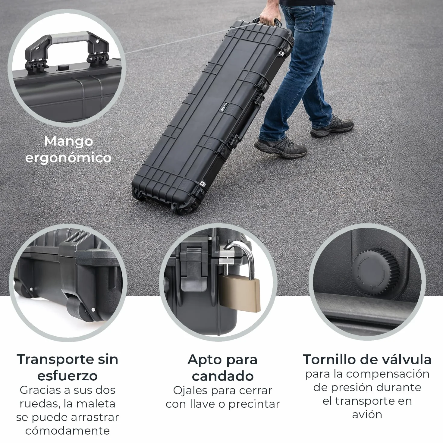 Maletín para Armas largas HMF Outdoor ODK200, Estuche Rifle Impermeable IP67 113x41x15.5 cm Negro