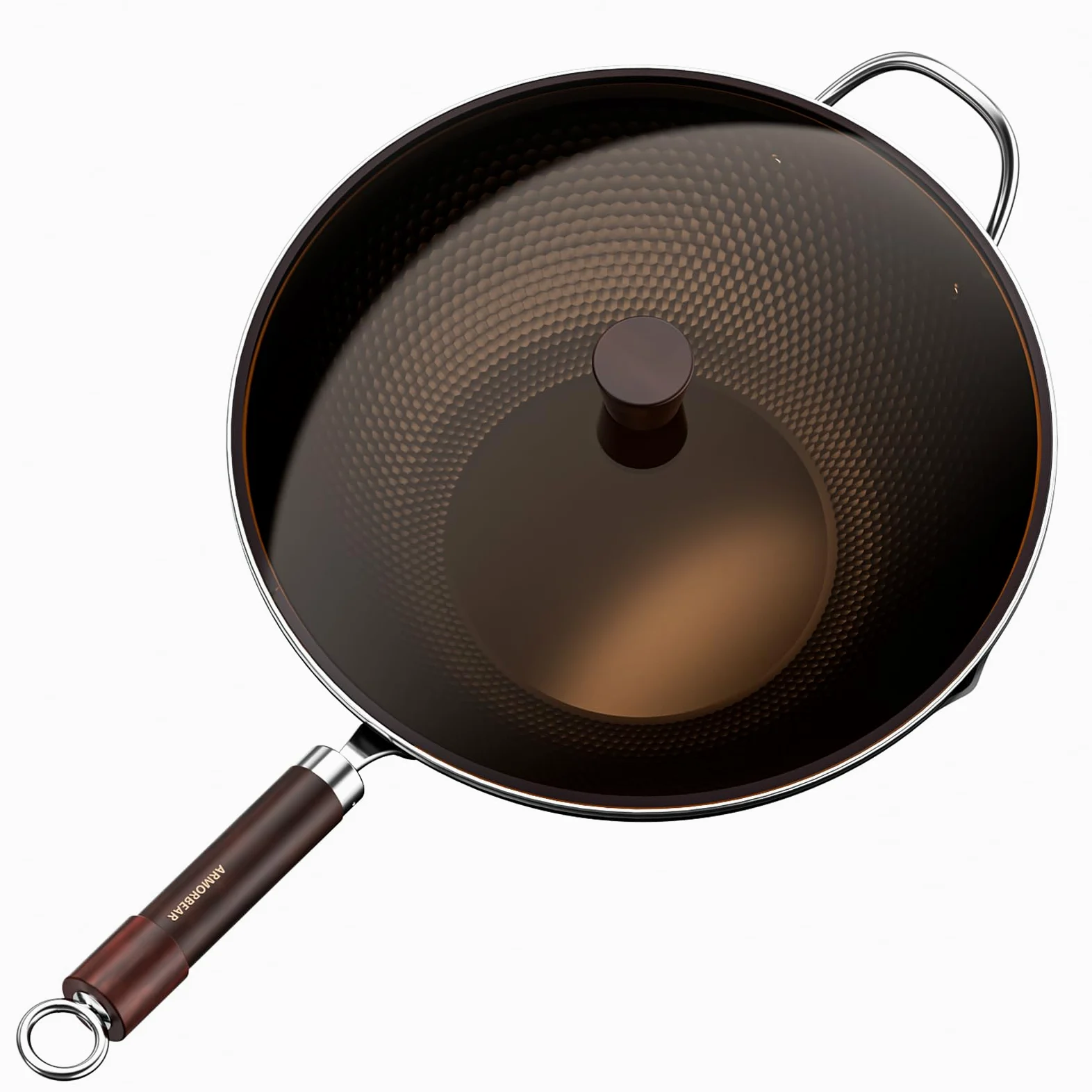 Wok de acero al carbono de 34 cm, tripol nitrurado, woks precocidos con fondo plano, antiadherente, wok japonés con tapa de cristal para todos los fuegos