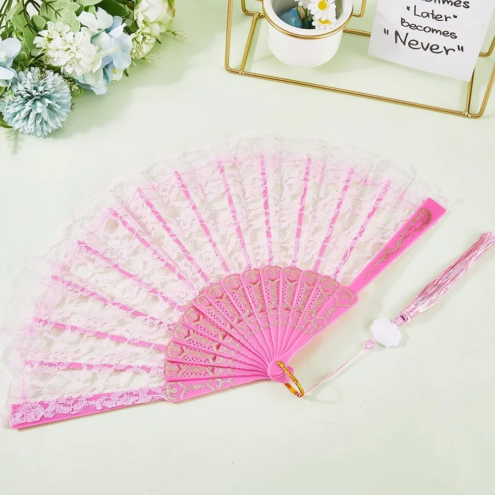 CREATCABIN Abanico Plegable Bordado Rosa Lolita 247x455x20mm para Baile Fiestas