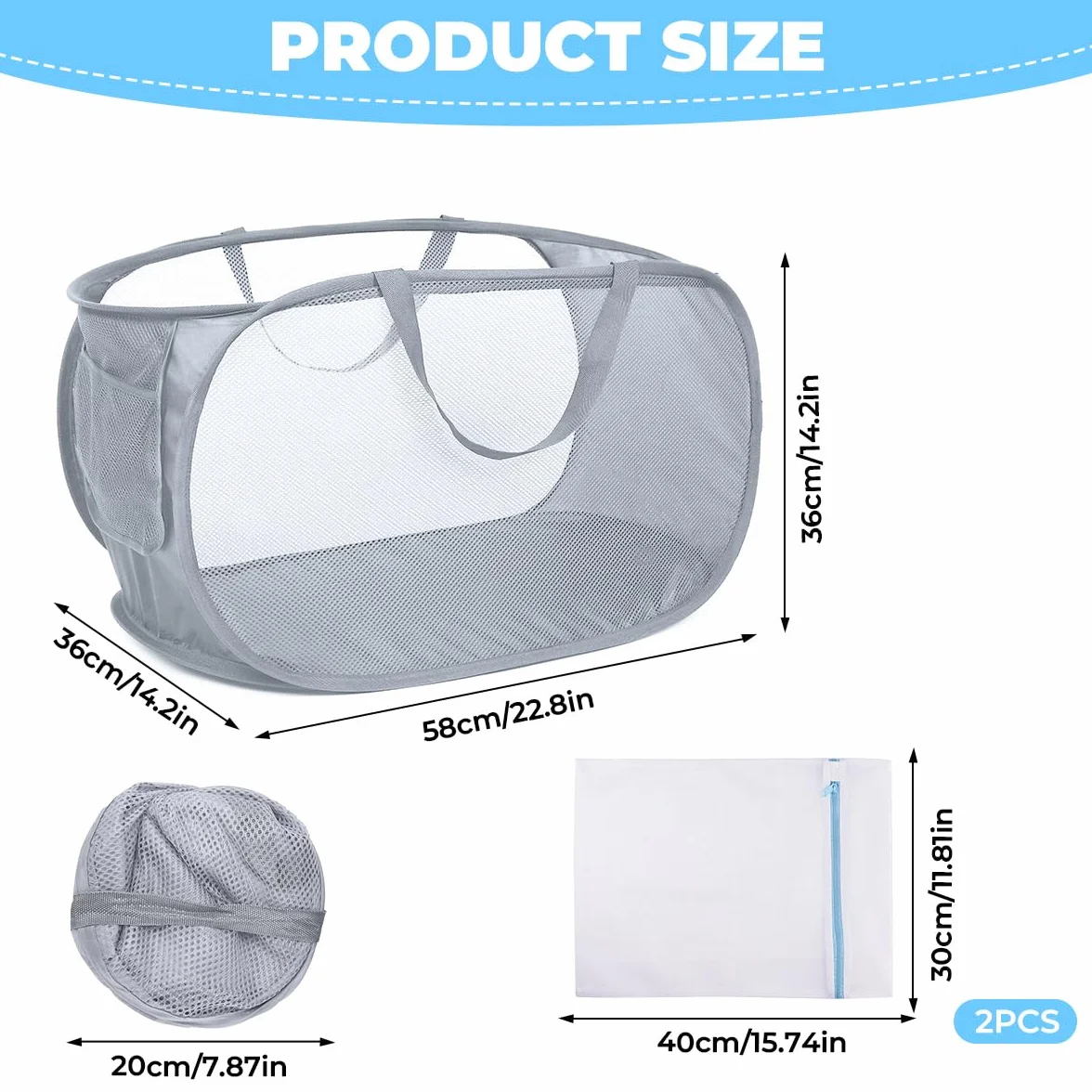 Cesto Plegable de Malla Plegable Pop-Up, 36 X 36 X 58 cm Cesta de Almacenamiento Grande con Bolsillo Lateral, Pop-Up Malla Laundry Basket con Asas, para Baño, Camping, Dormitorio Universitario